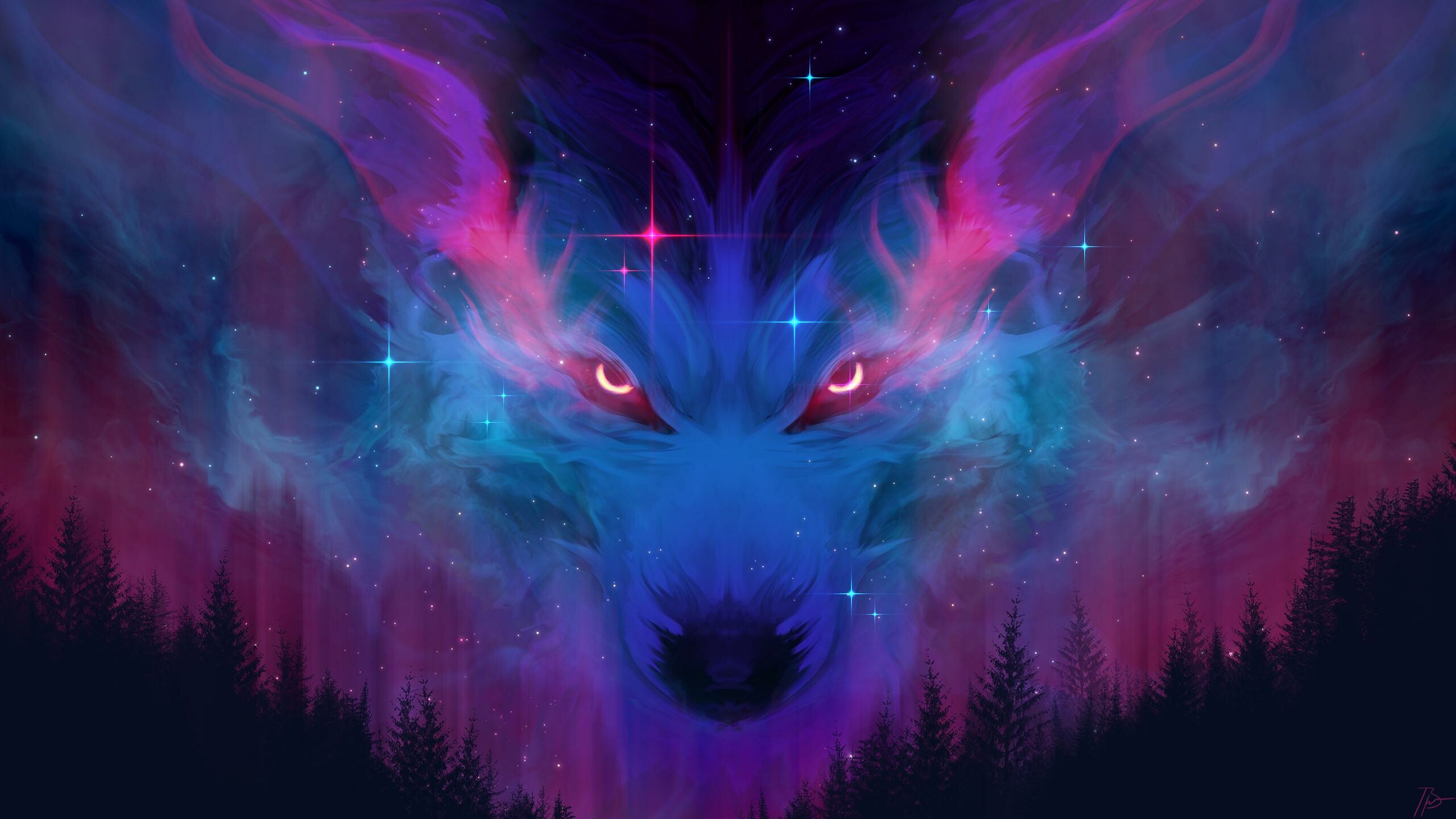 Wolf: Fantasy art, Older wolves generally have more white hairs on the tip of the tail, along the nose, and on the forehead. 2560x1440 HD Wallpaper.