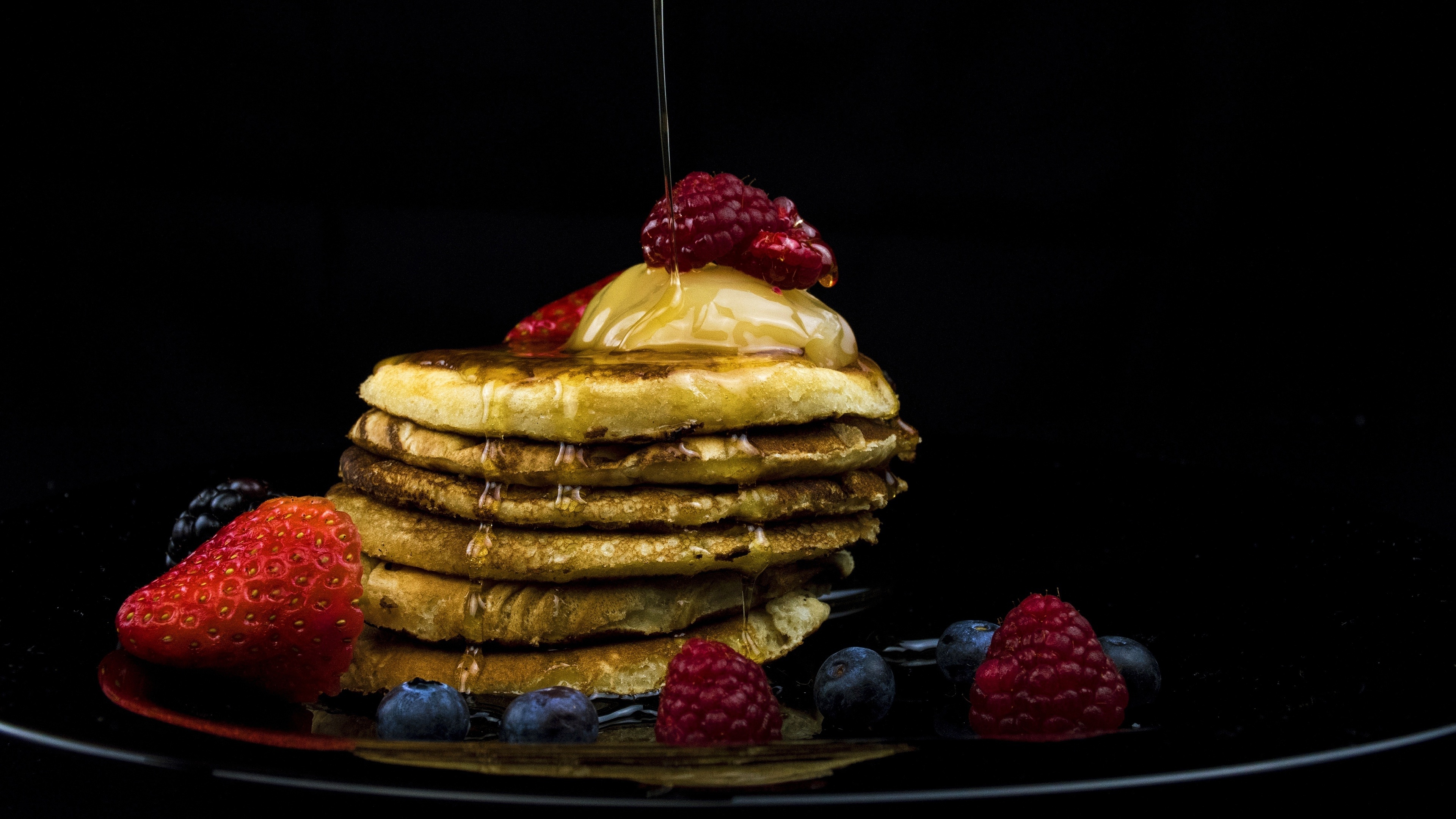 Pancake: Fruits, Raspberries, Griddlecake, Honey, Strawberries, Dessert. 3840x2160 4K Wallpaper.