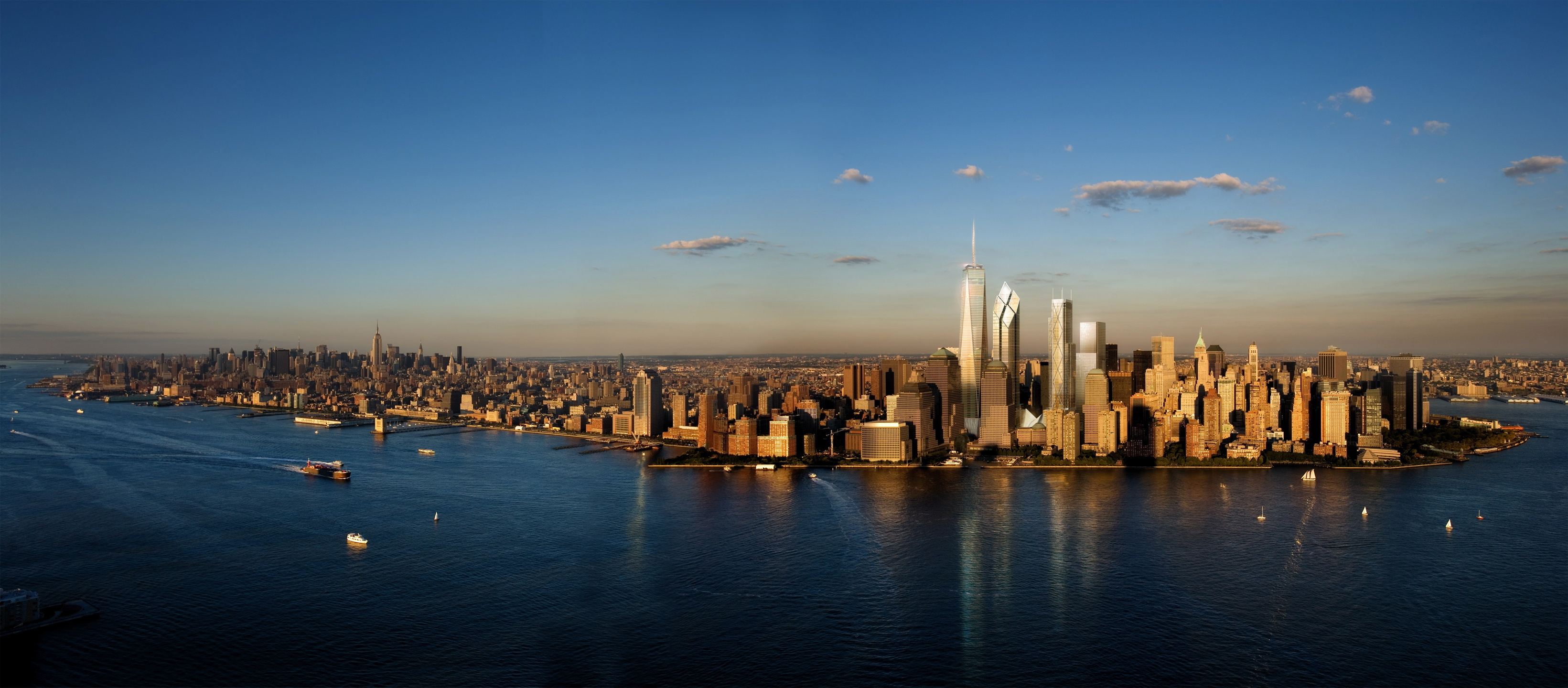 Skyline: The Island of Manhattan, Central business district of New York, One World Trade Center. 3290x1440 Dual Screen Wallpaper.
