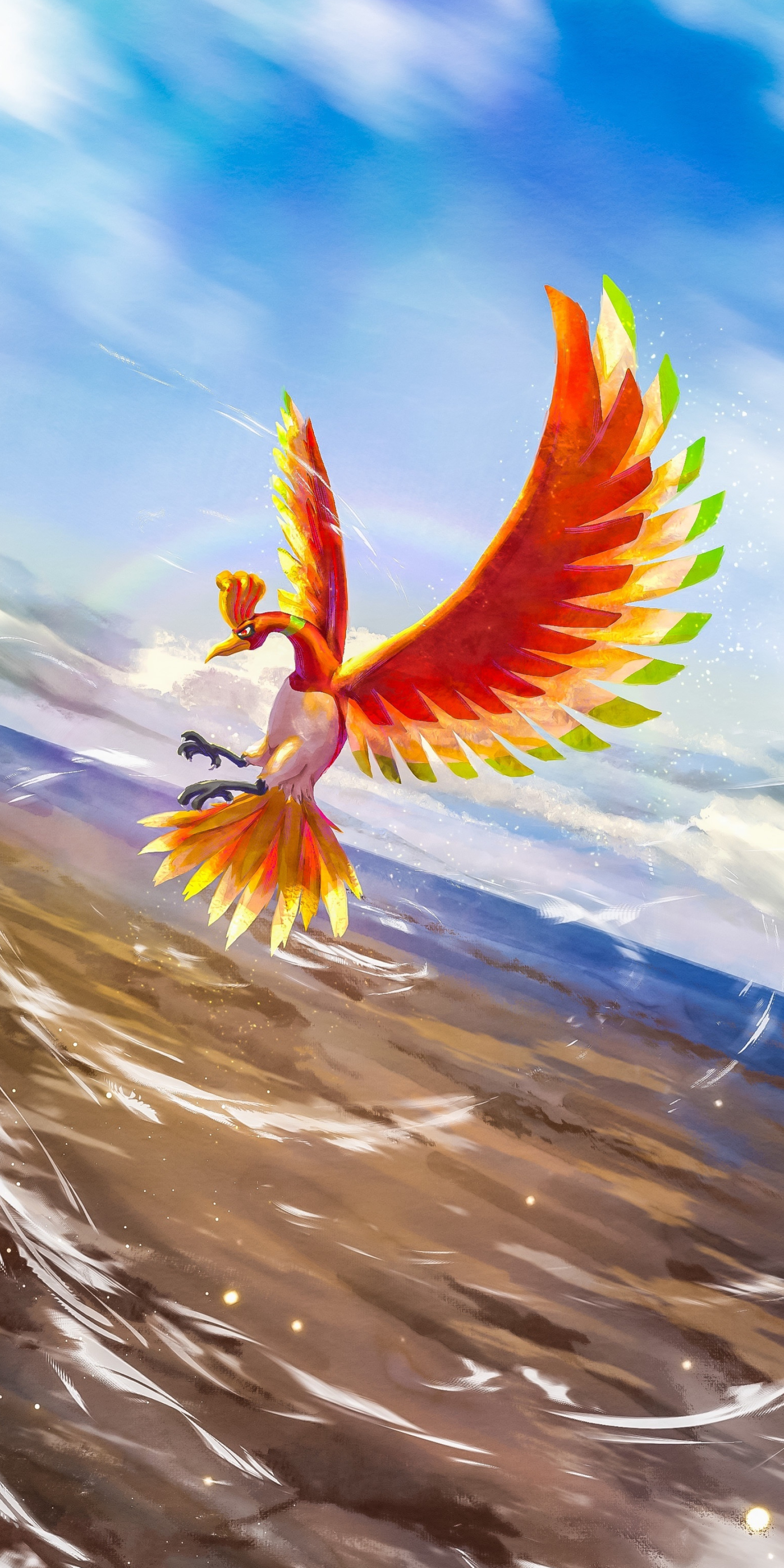 Ho-Oh, Legendary fire bird, Majestic presence, Vibrant feathers, 1900x3800 HD Phone