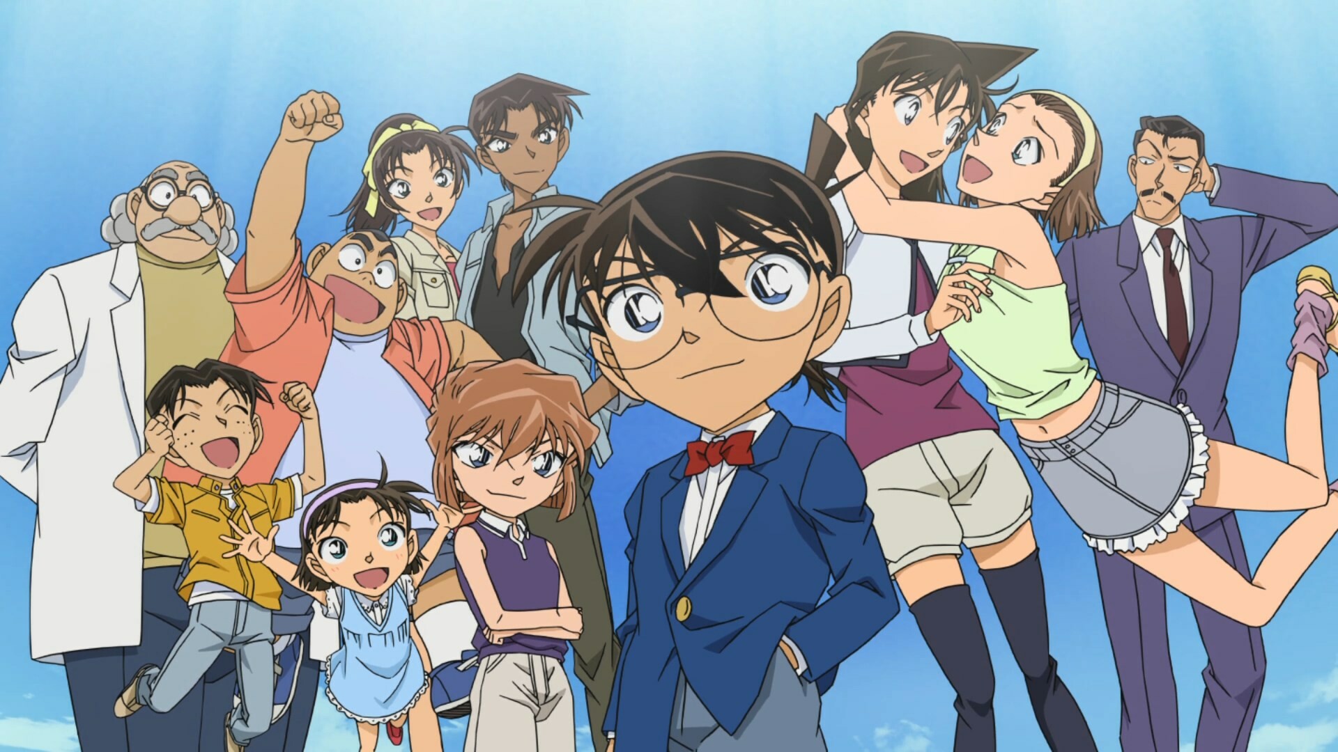 Detective Conan: Ai Haibara, Edogawa, Kogoro Mouri, Ran Mouri, Anime series. 1920x1080 Full HD Background.