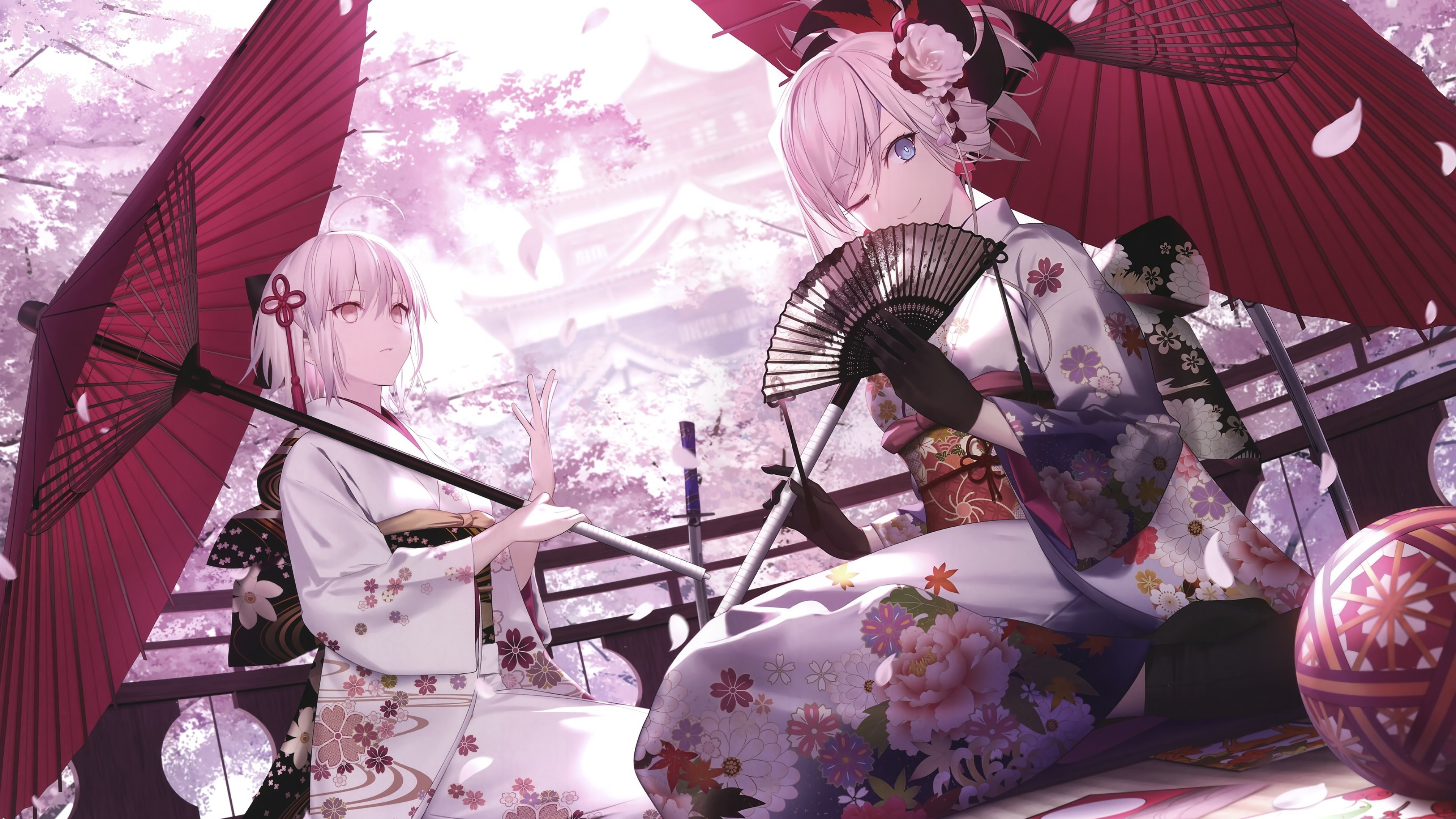 Okita Souji, Miyamoto Musashi, Fate/Grand Order, Sakura blossom, 3840x2160 4K Desktop