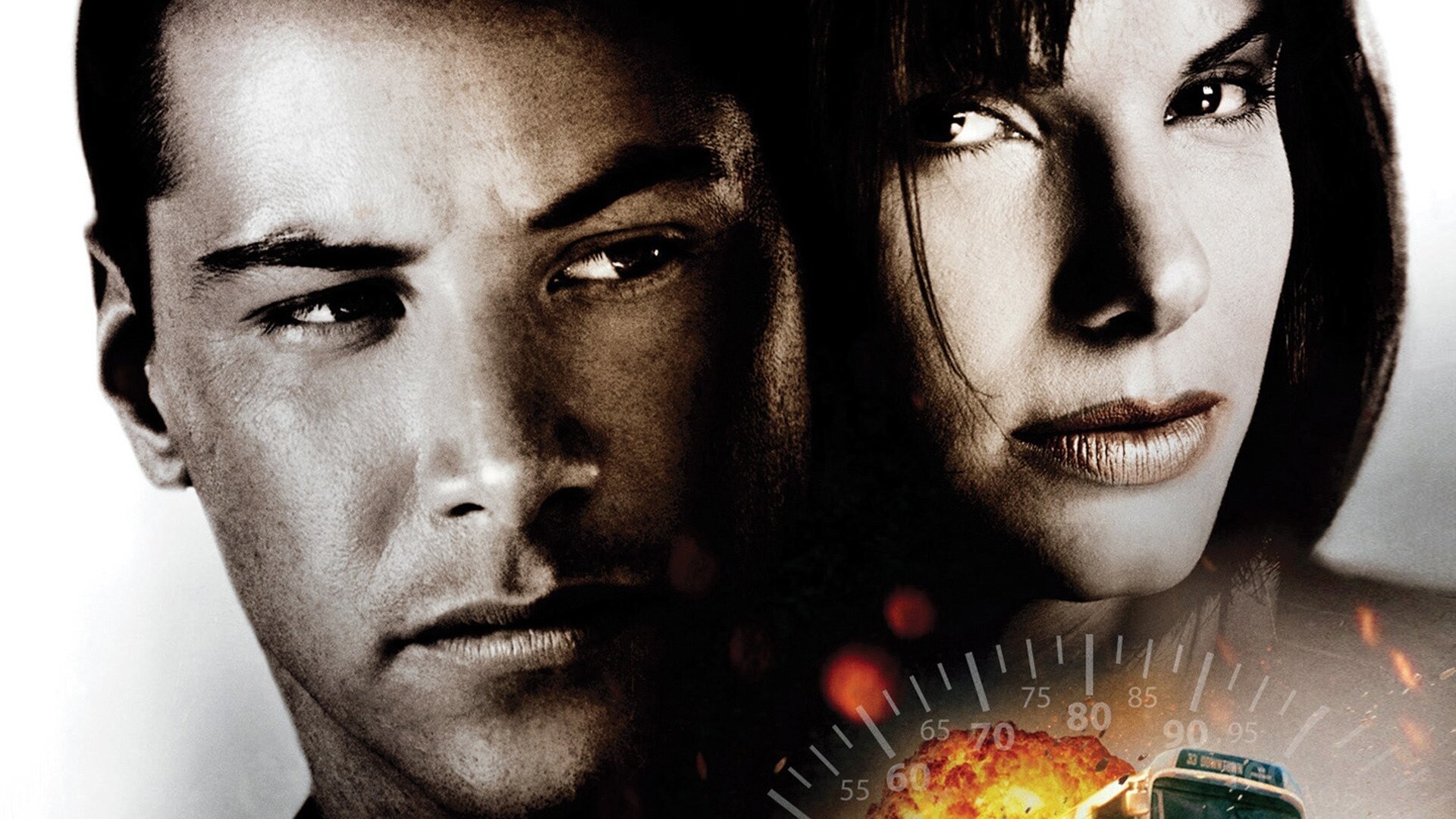 Speed (Movie 1994): Keanu Reeves as Officer Jack Traven, Sandra Bullock as Annie Porter. 1920x1080 Full HD Background.