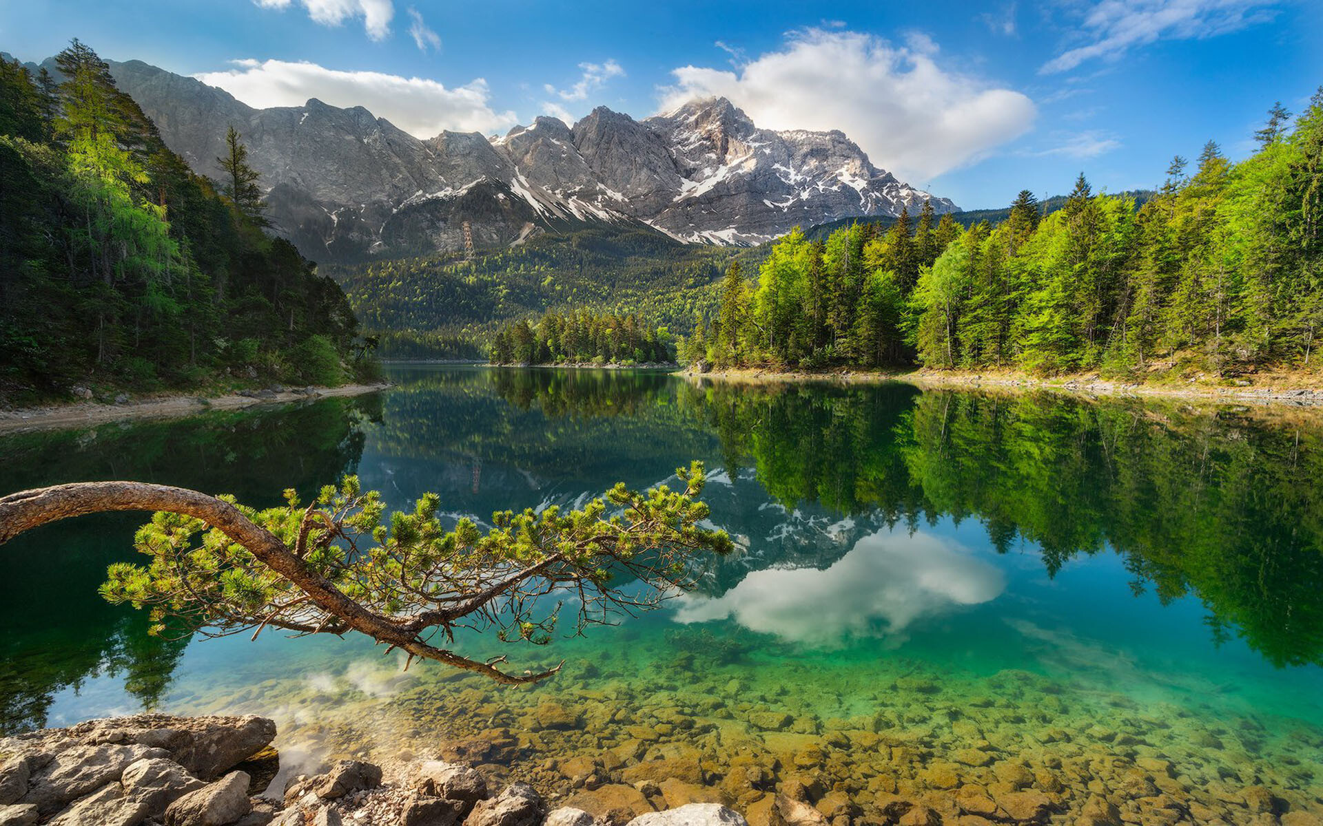 Lake: Eibsee Reservoir, The Bavarian Alps, Green Clear Water, Mountains. 1920x1200 HD Wallpaper.