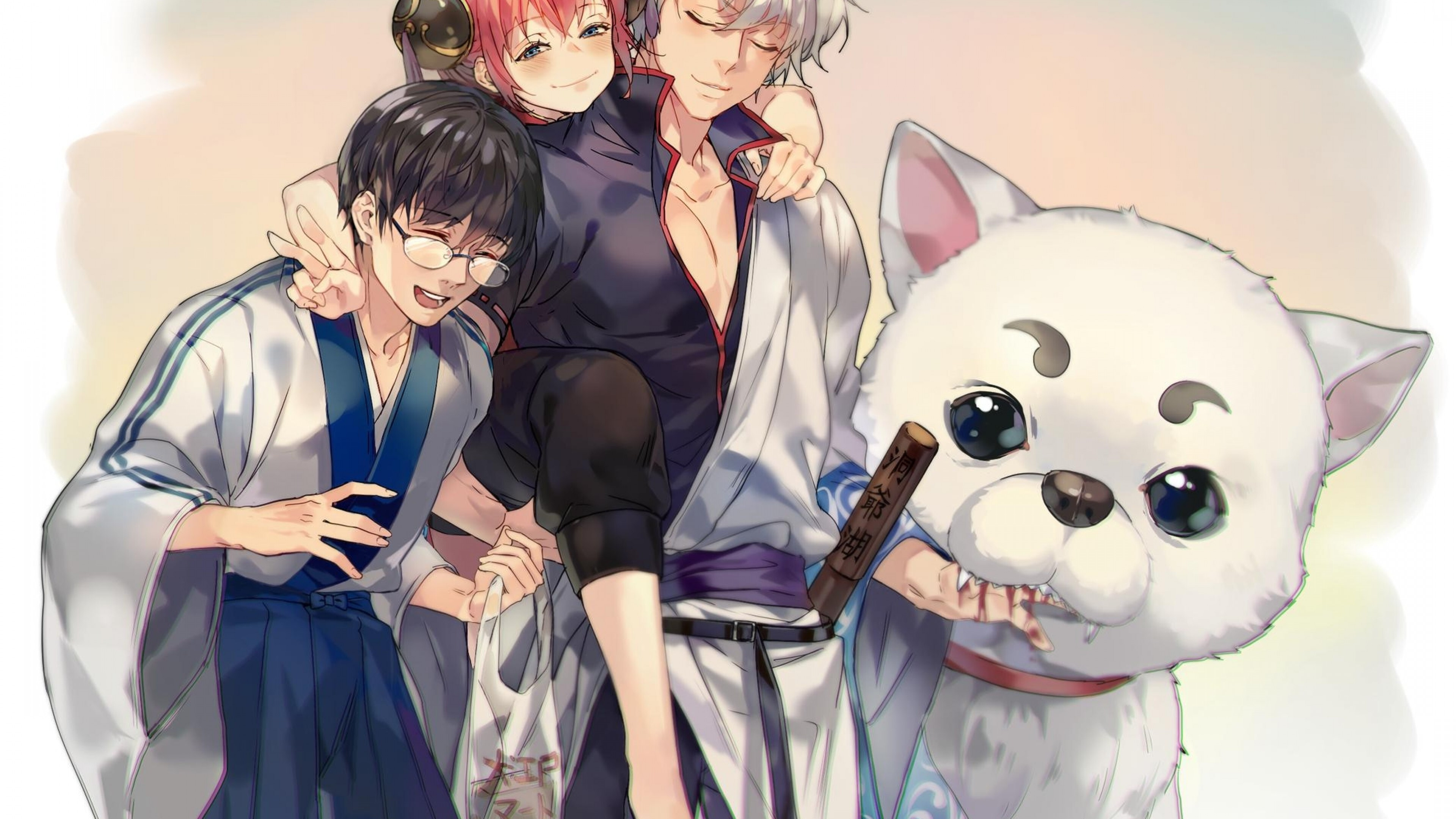Gintama (TV Series): Kagura, Sakata Gintoki, Sadaharu, A member and a pet of the Yorozuya, A large white-furred dog with a red collar. 3840x2160 4K Wallpaper.