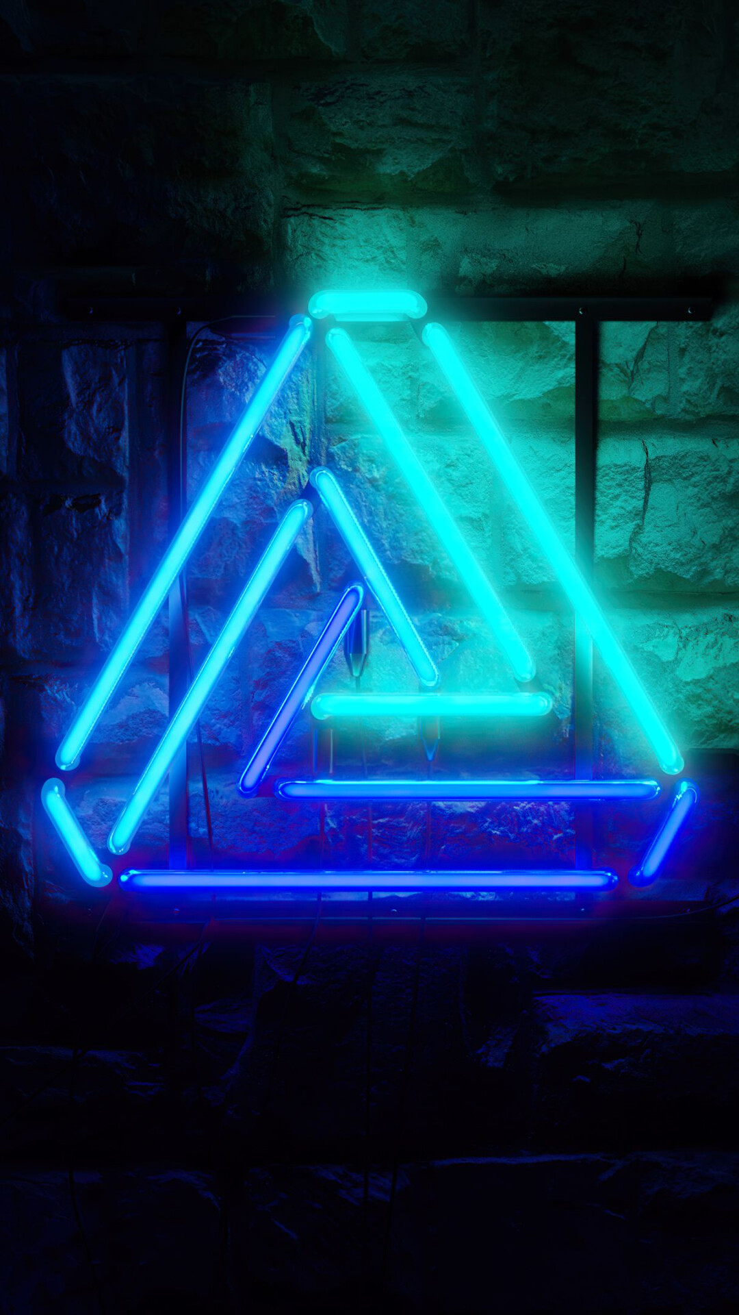 Triangle: Neon Penrose triangle on the wall, Parallel line segments. 1080x1920 Full HD Wallpaper.