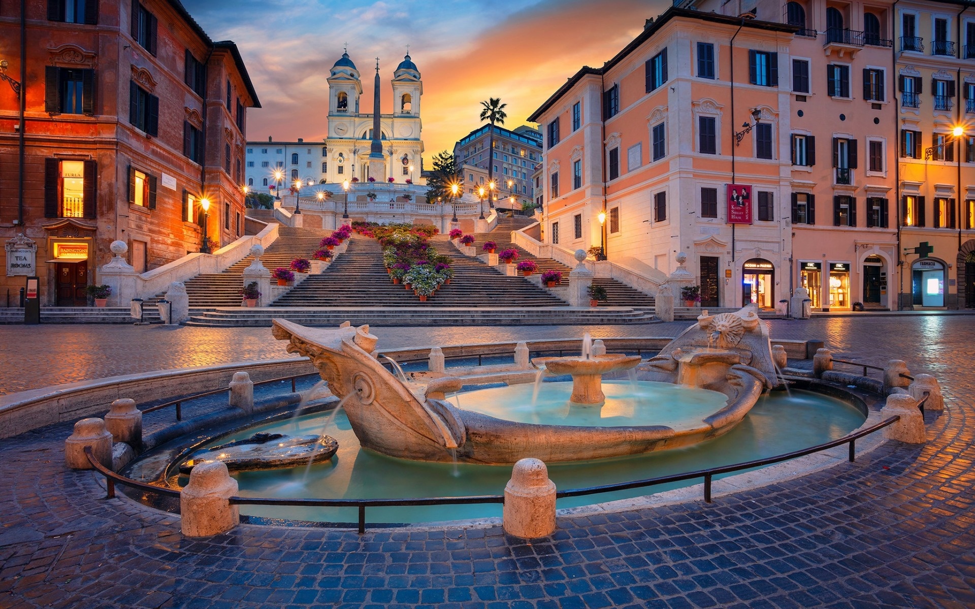 Spanish Steps, Fontana della Barcaccia, Evening sights, Trinita dei Monti, 1920x1200 HD Desktop
