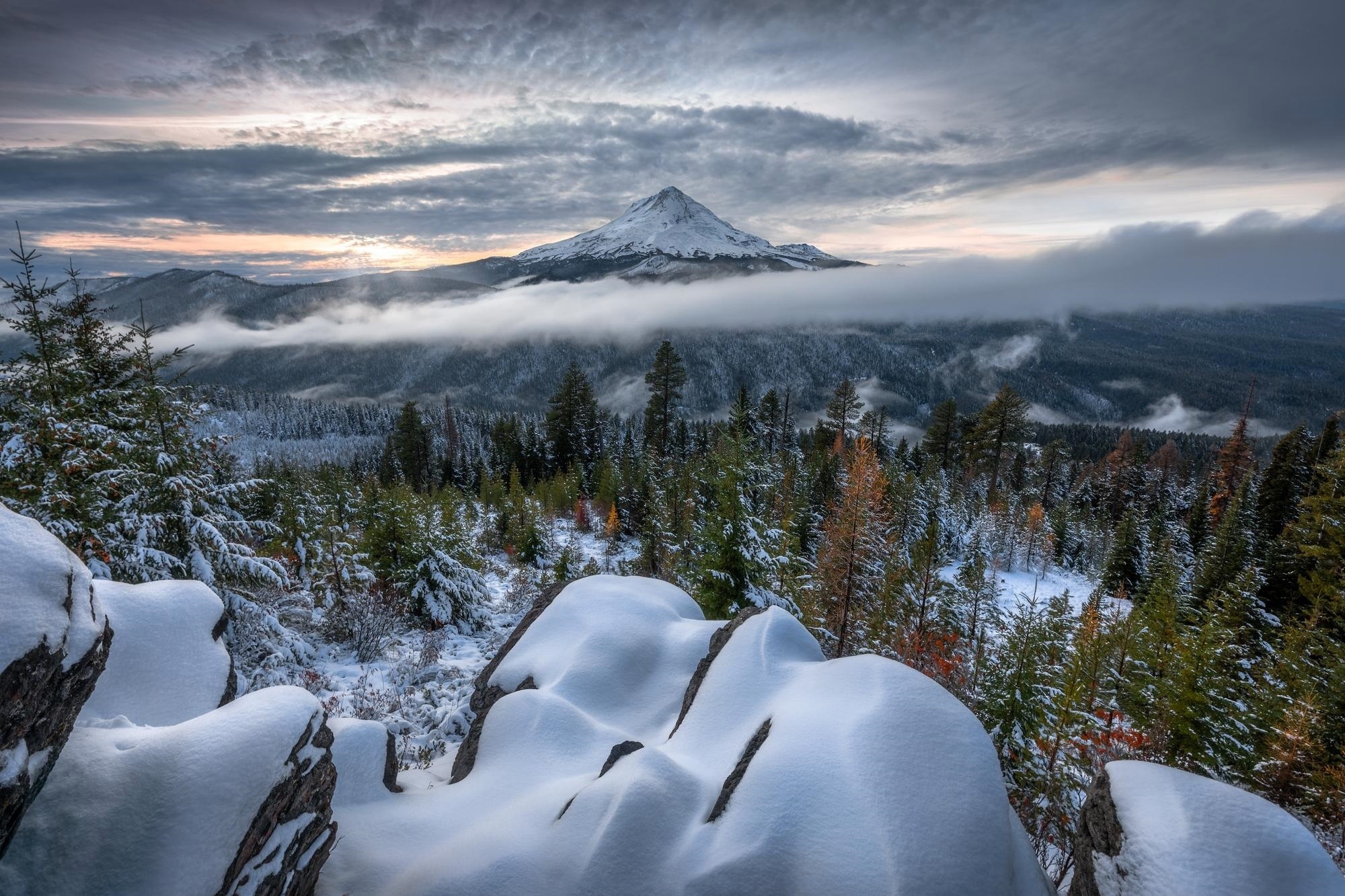 Mount Hood, Oregon's beauty, Winter wonderland, Majestic mountain, 2000x1340 HD Desktop