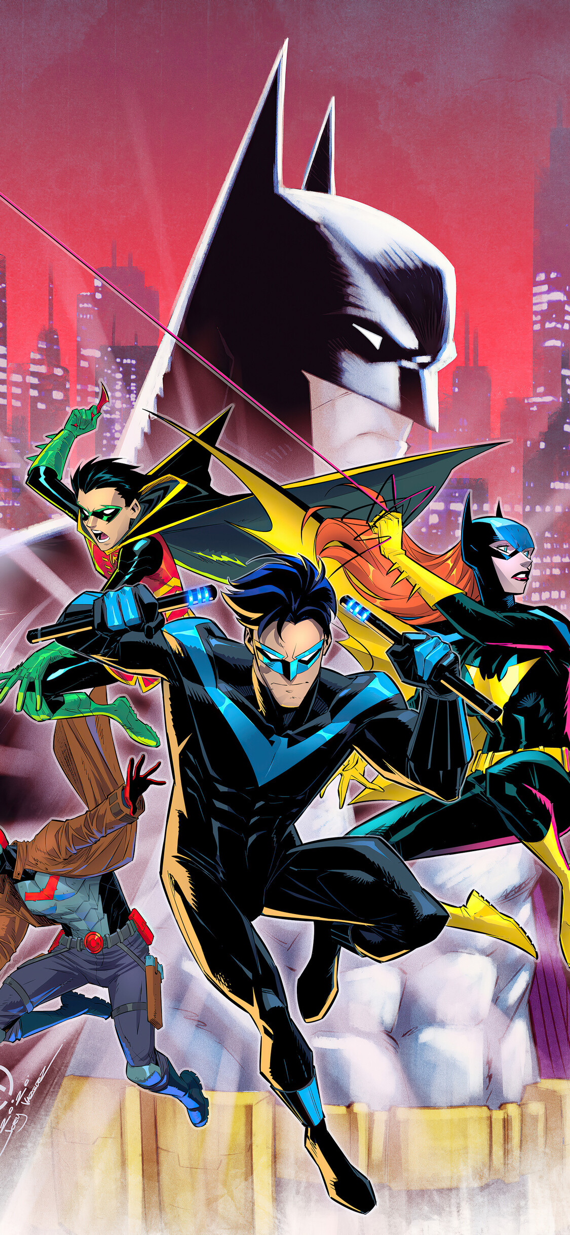 DC Heroes: Batman, Nightwing, Batgirl, Robin, Red Hood, Batman Family. 1130x2440 HD Background.