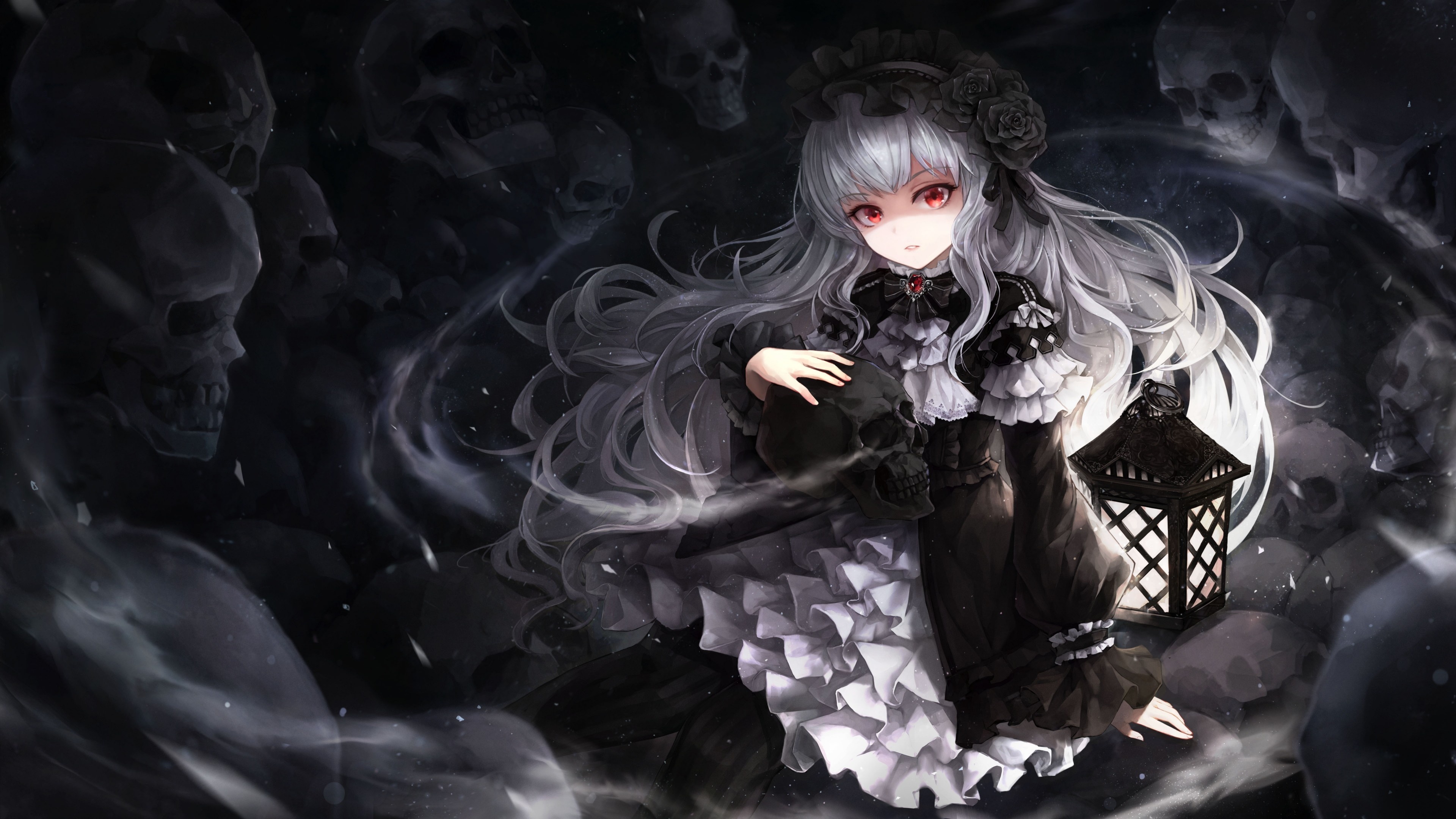 Goth Girl: Gothic style, Cartoon, Dark Anime, Black and white, Ominous, Skulls. 3840x2160 4K Wallpaper.