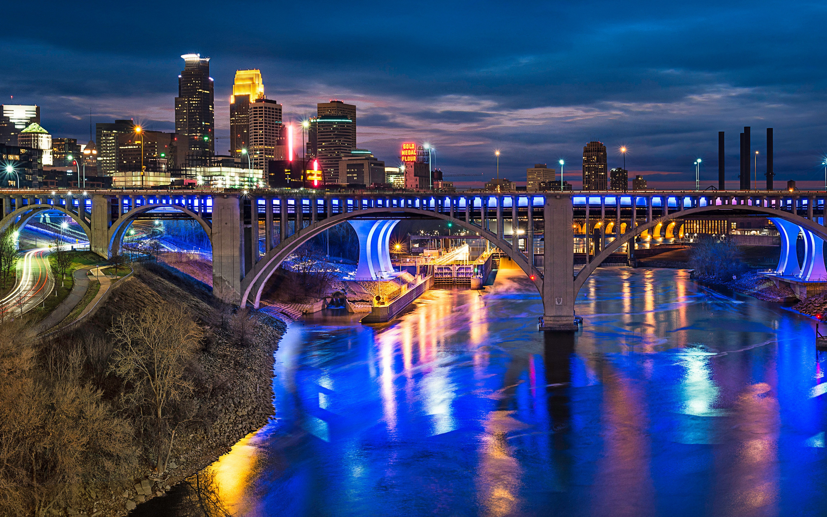 Minneapolis Skyline, Travels, Night bridge, Mississippi River, 2880x1800 HD Desktop