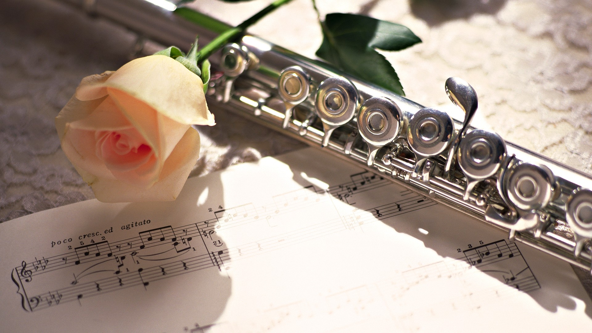 Flute: A musical wind instrument in which the wind is directed against a sharp edge. 1920x1080 Full HD Background.