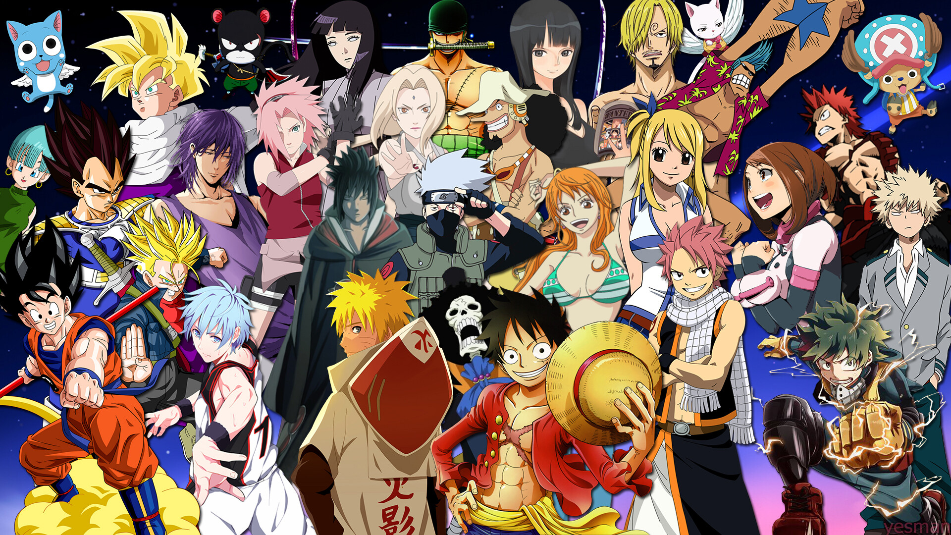 Goku and Naruto: Manga series, One Piece, Fairy Tail, My Hero Academia, Kuroko's Basketball. 1920x1080 Full HD Background.