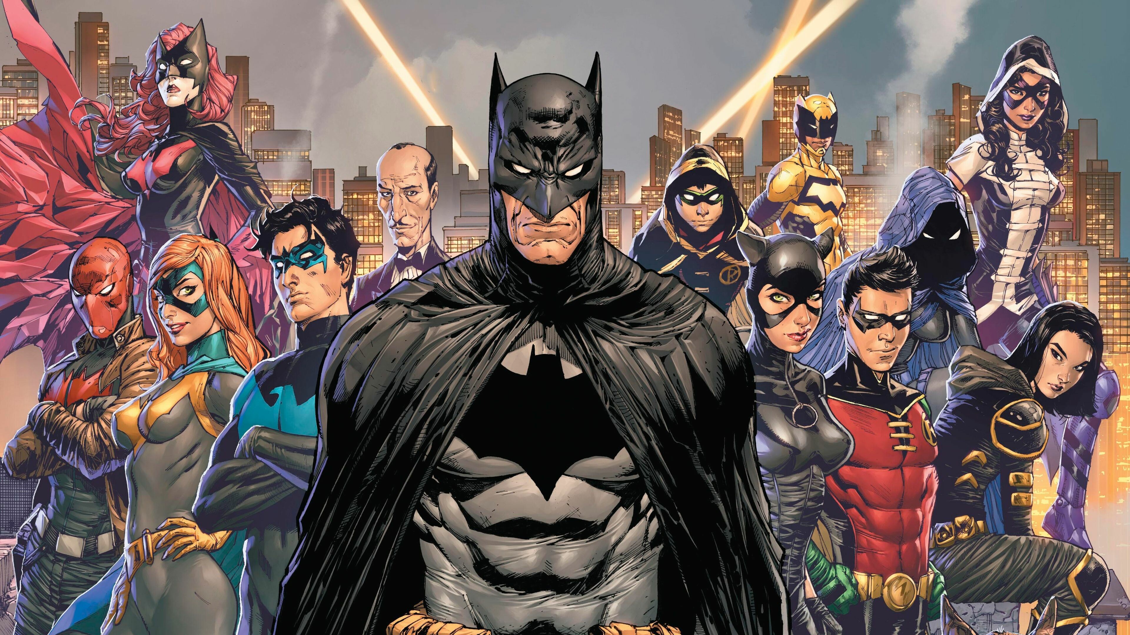 DC Heroes: Nightwing, Batgirl, Robin, Red Hood, Batman, The Batman Family, Alfred Pennyworth. 3840x2160 4K Background.