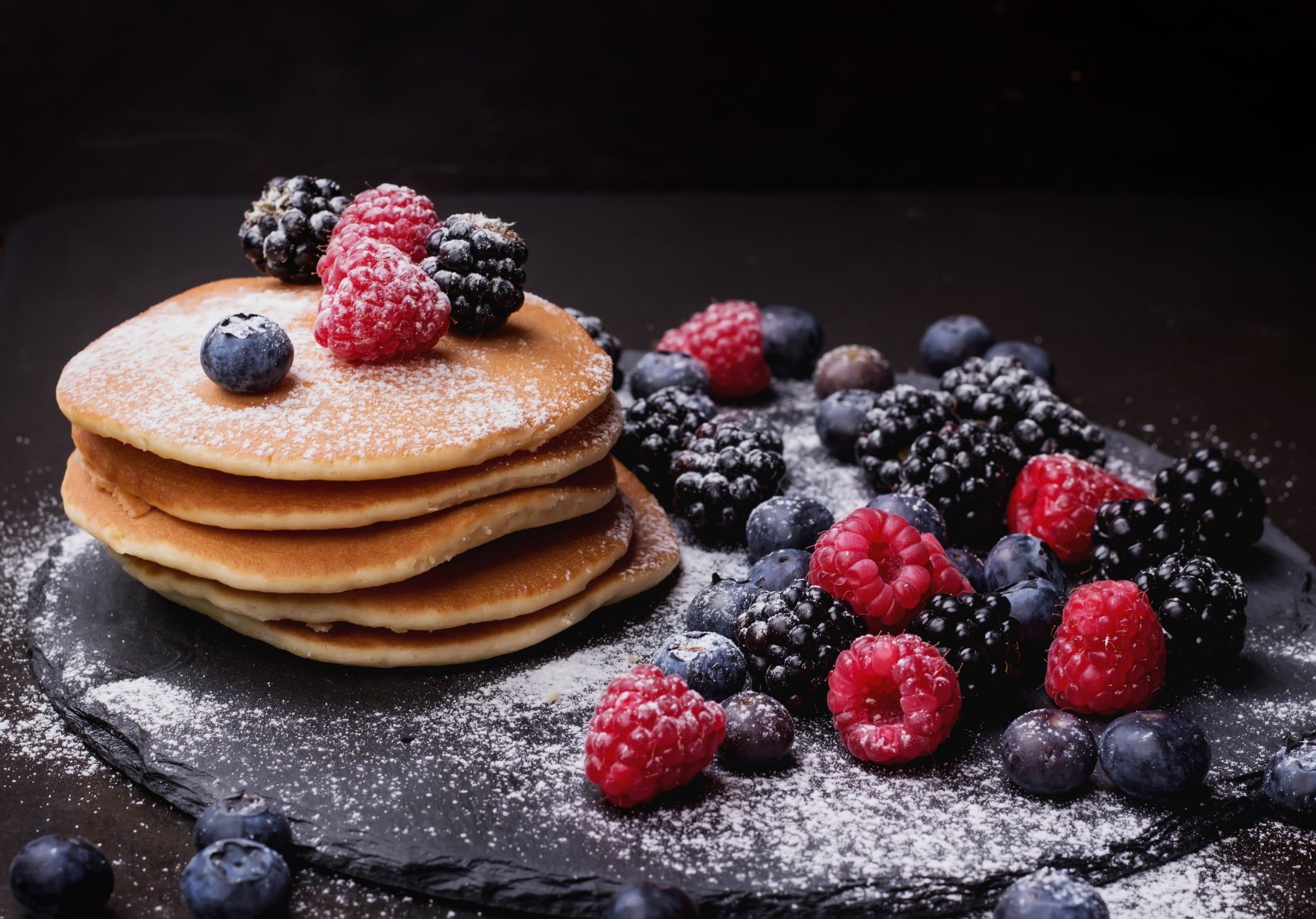 Pancake: Food, Fruit, Berries, Blueberries, Blackberries, Raspberry. 2560x1790 HD Background.