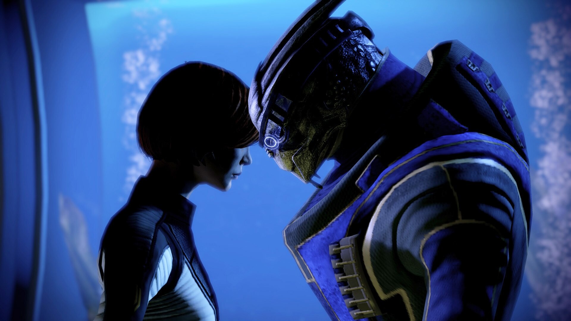 Garrus Vakarian: The moment of love between female Shepard and Archangel before the Suicide Mission in Mass Effect 2. 1920x1080 Full HD Wallpaper.