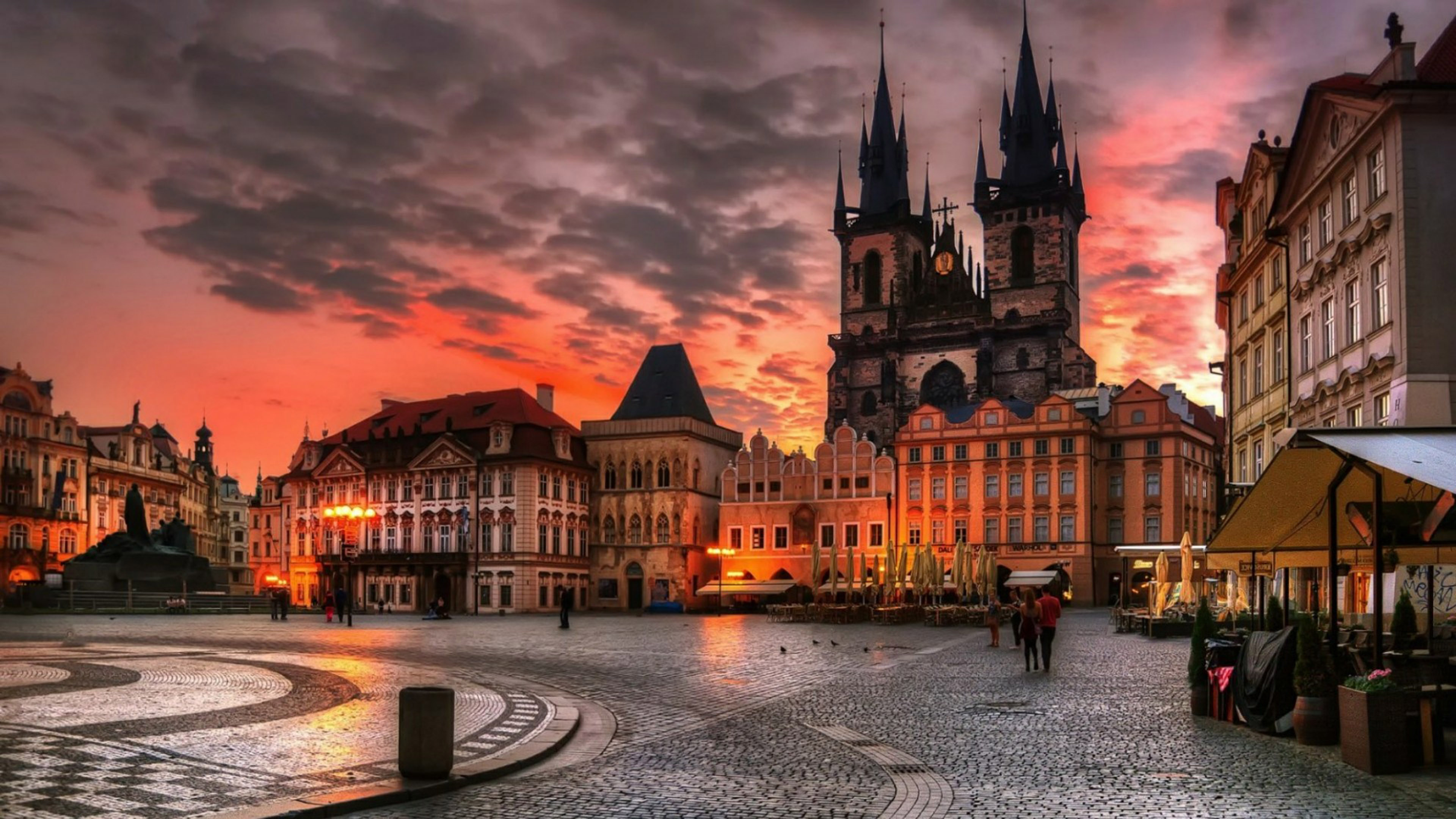 City Square: A historic plaza in the Old Town quarter of Prague, The Church of Mother of God before Tyn. 3840x2160 4K Background.