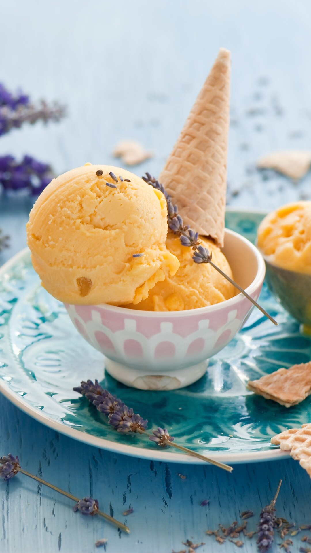 Ice Cream: A frozen dairy food that is sweetened and flavored. 1080x1920 Full HD Background.