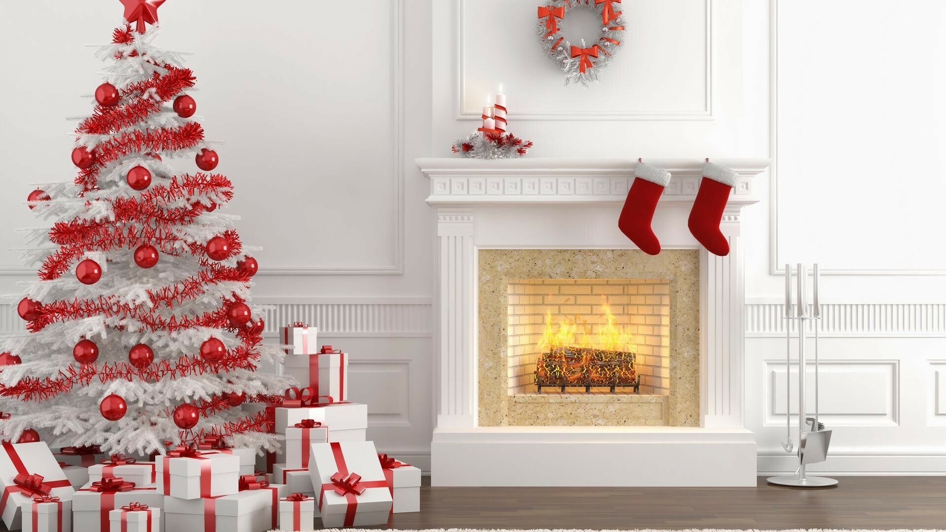 Christmas Fireplace: Red and white style decorations, A mountain of gifts, Chimney. 1920x1080 Full HD Wallpaper.