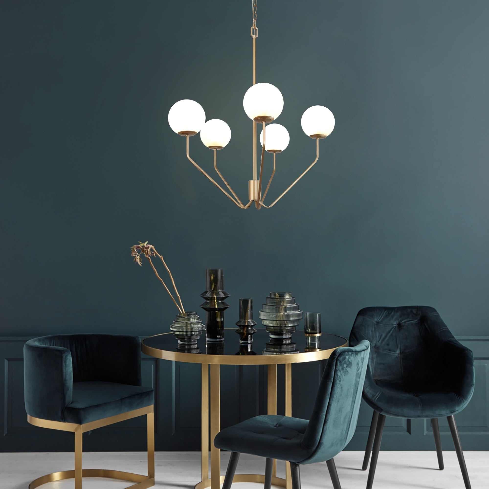 Mid-century modern, Gold chandelier, Frosted glass lights, Dining room, 2000x2000 HD Phone