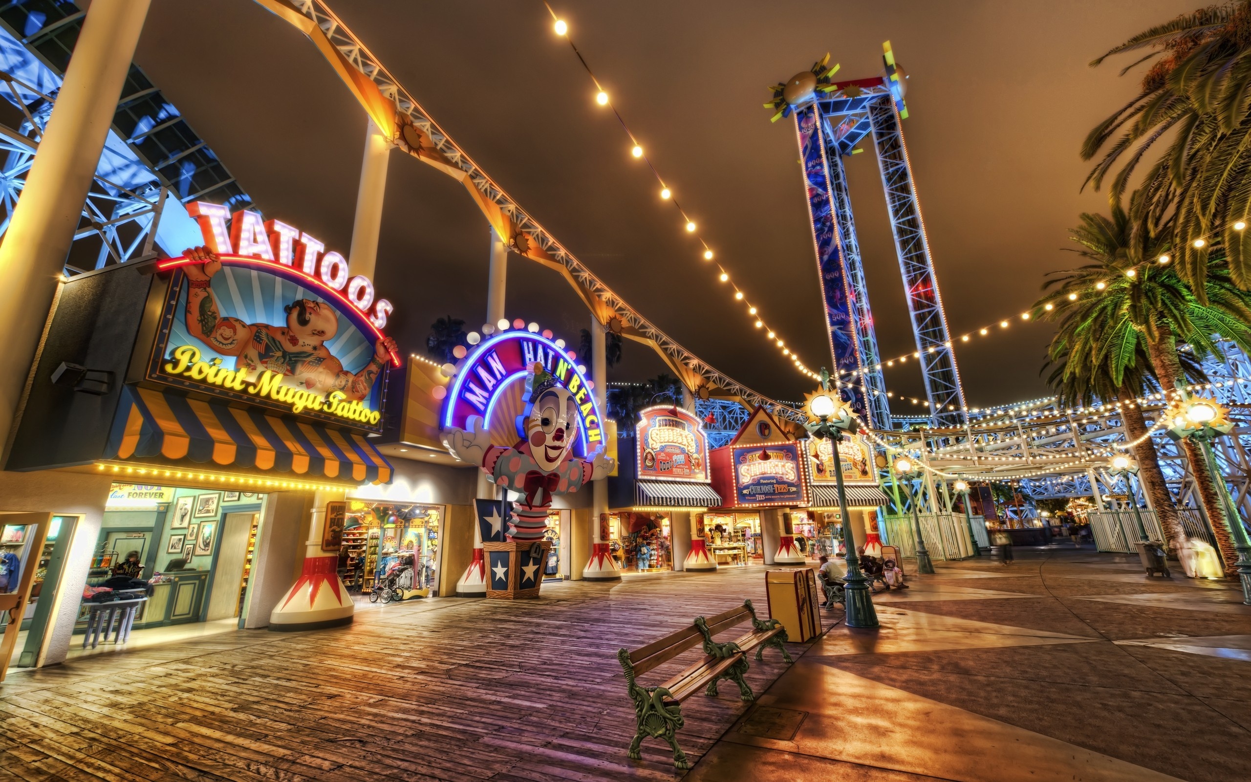 Amusement Park: Fair, Leisure, Rides, An open-air area consisting of stalls and side shows. 2560x1600 HD Background.