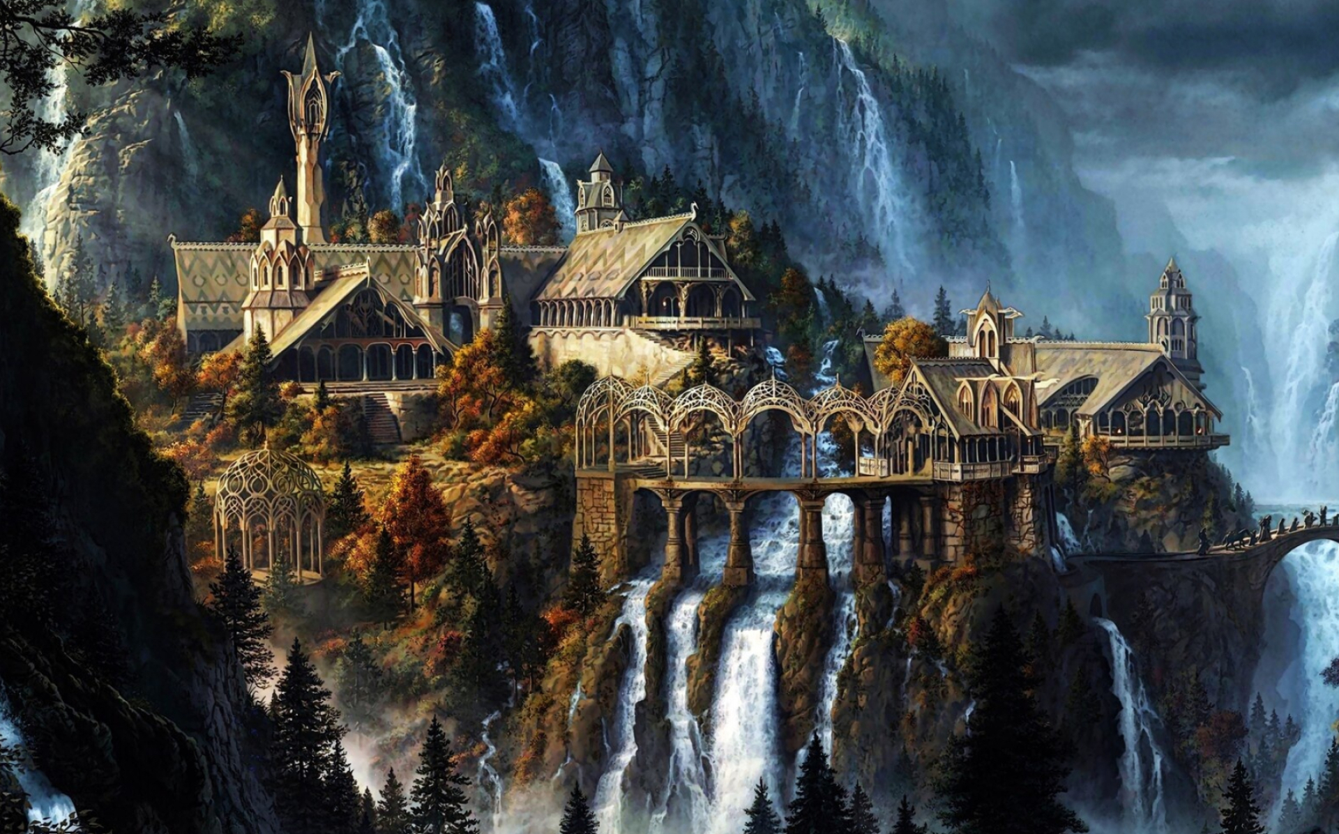 Rivendell, Fantasy art, Waterfall artwork, Serene atmosphere, 1920x1200 HD Desktop