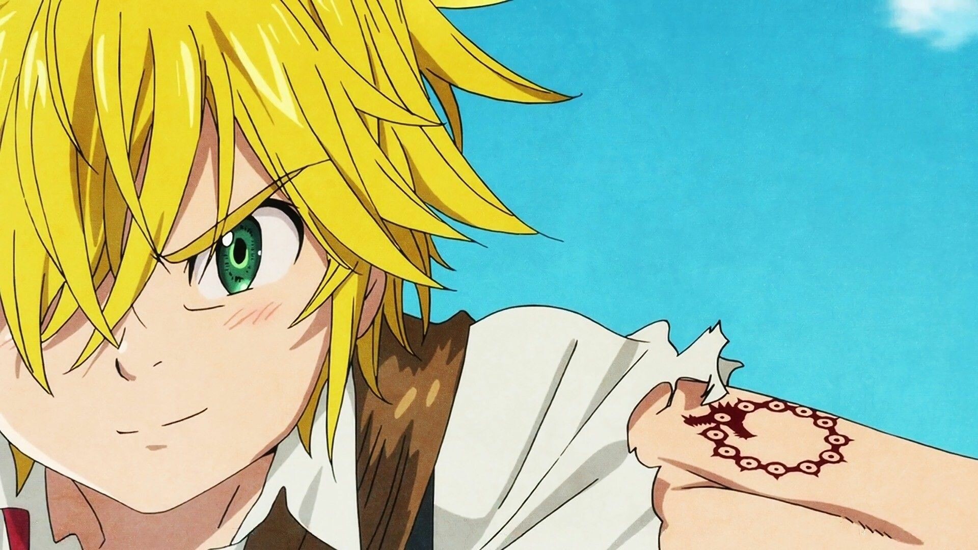 The Seven Deadly Sins: Cursed by Light: Meliodas, the captain who bears the Sin of Wrath as a Dragon symbol on his left shoulder. 1920x1080 Full HD Background.