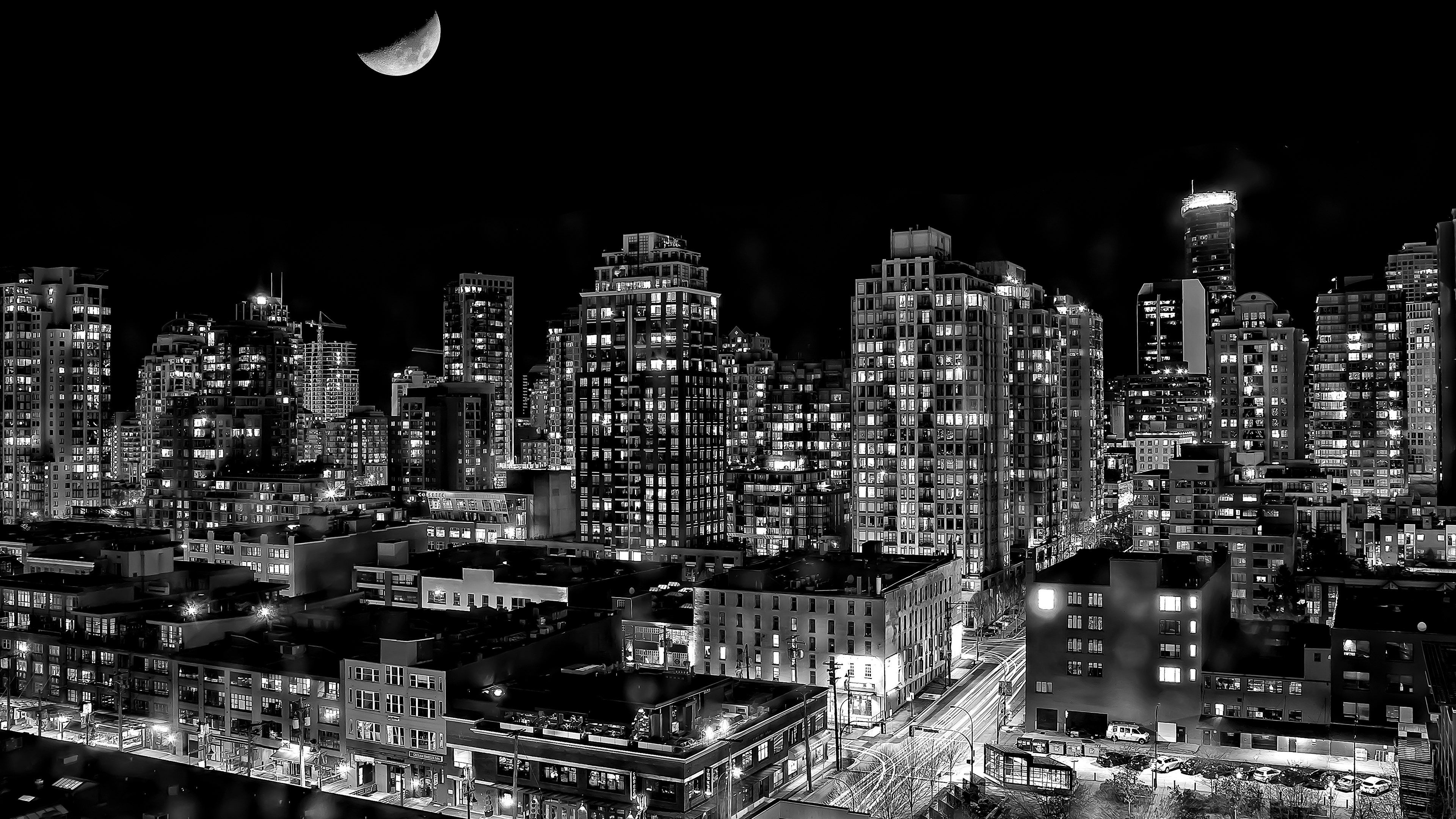 Vancouver Skyline, Travels, Black and white landscape, City wallpaper, 3840x2160 4K Desktop
