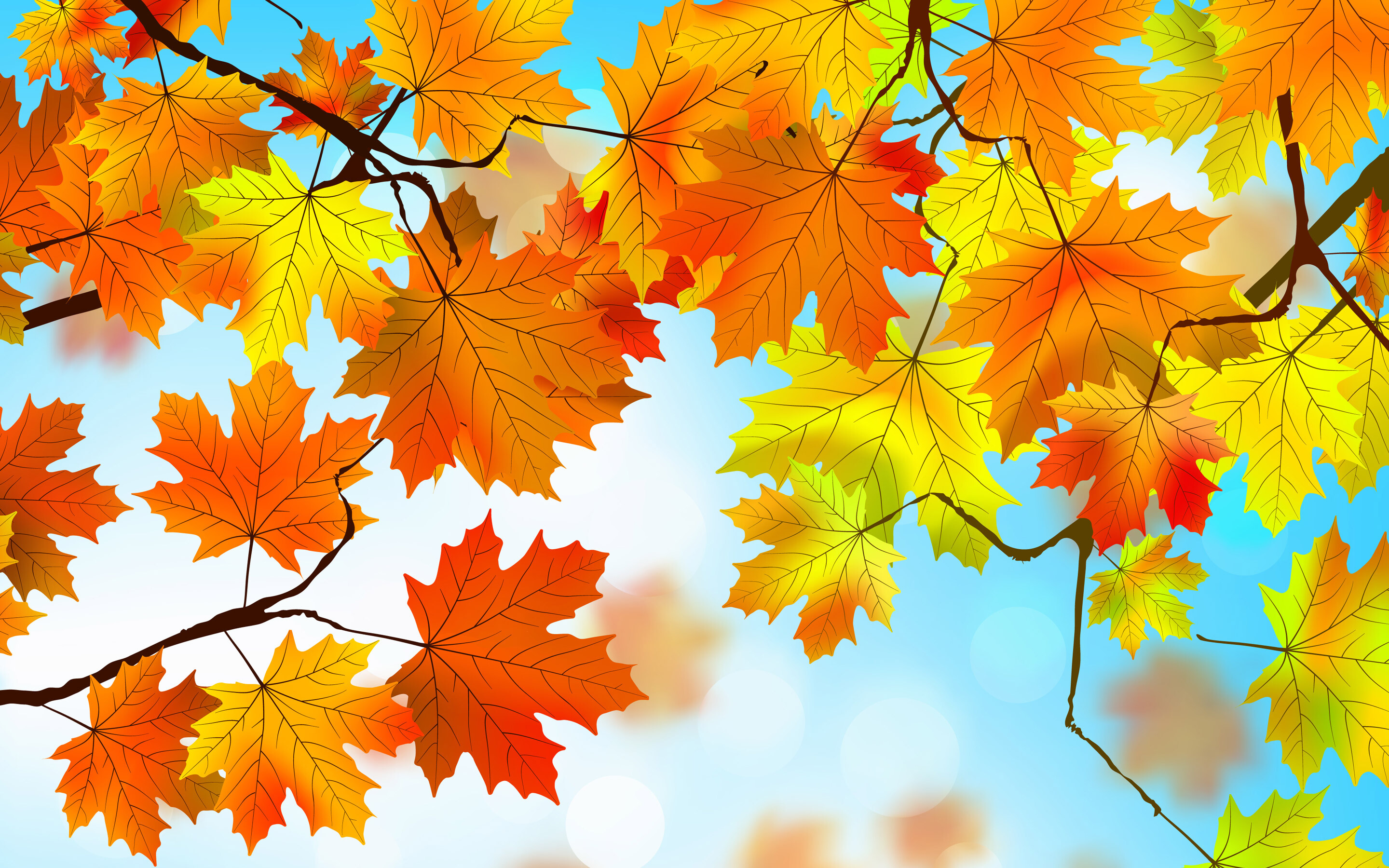 Leaves: Foliage turning yellow in autumn, The leaf's petiole. 2880x1800 HD Background.