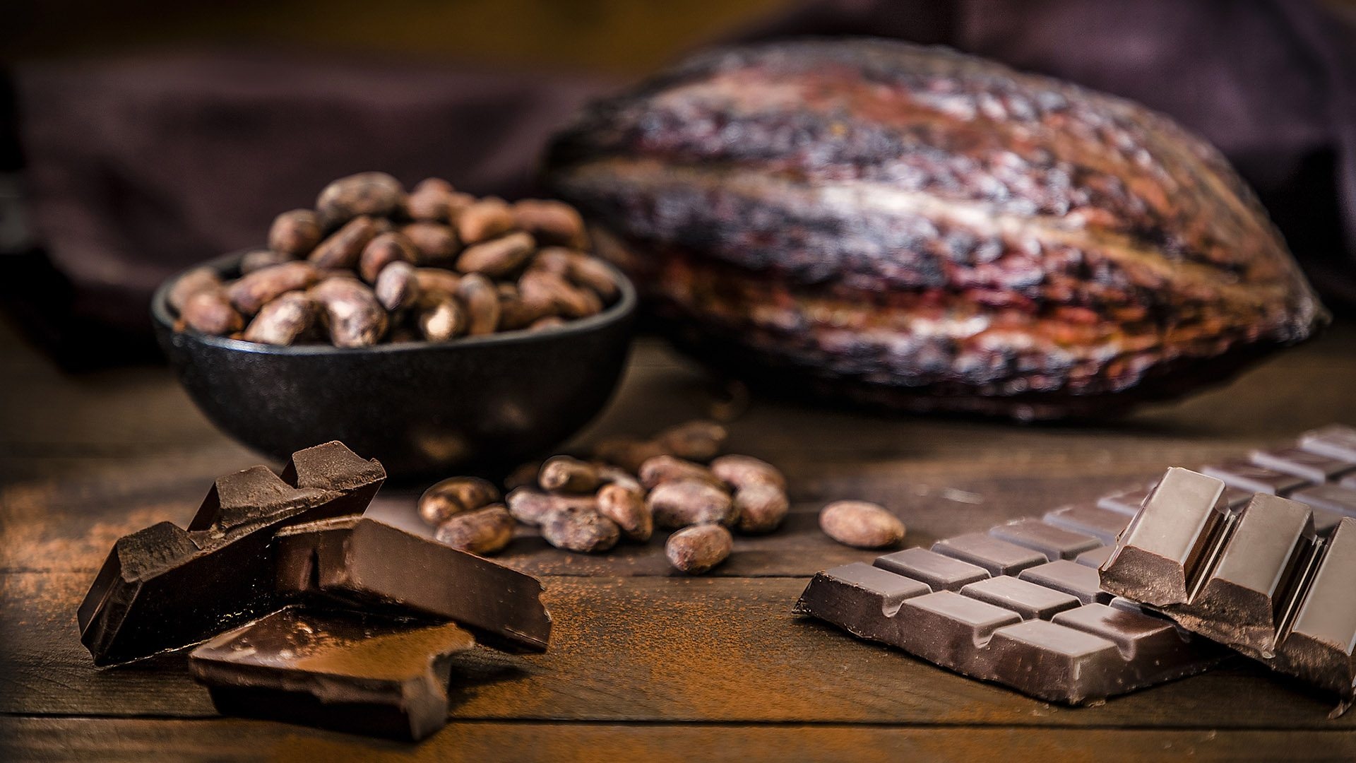 Chocolate: Cocoa bean, Native to the Amazon rainforest. 1920x1080 Full HD Background.