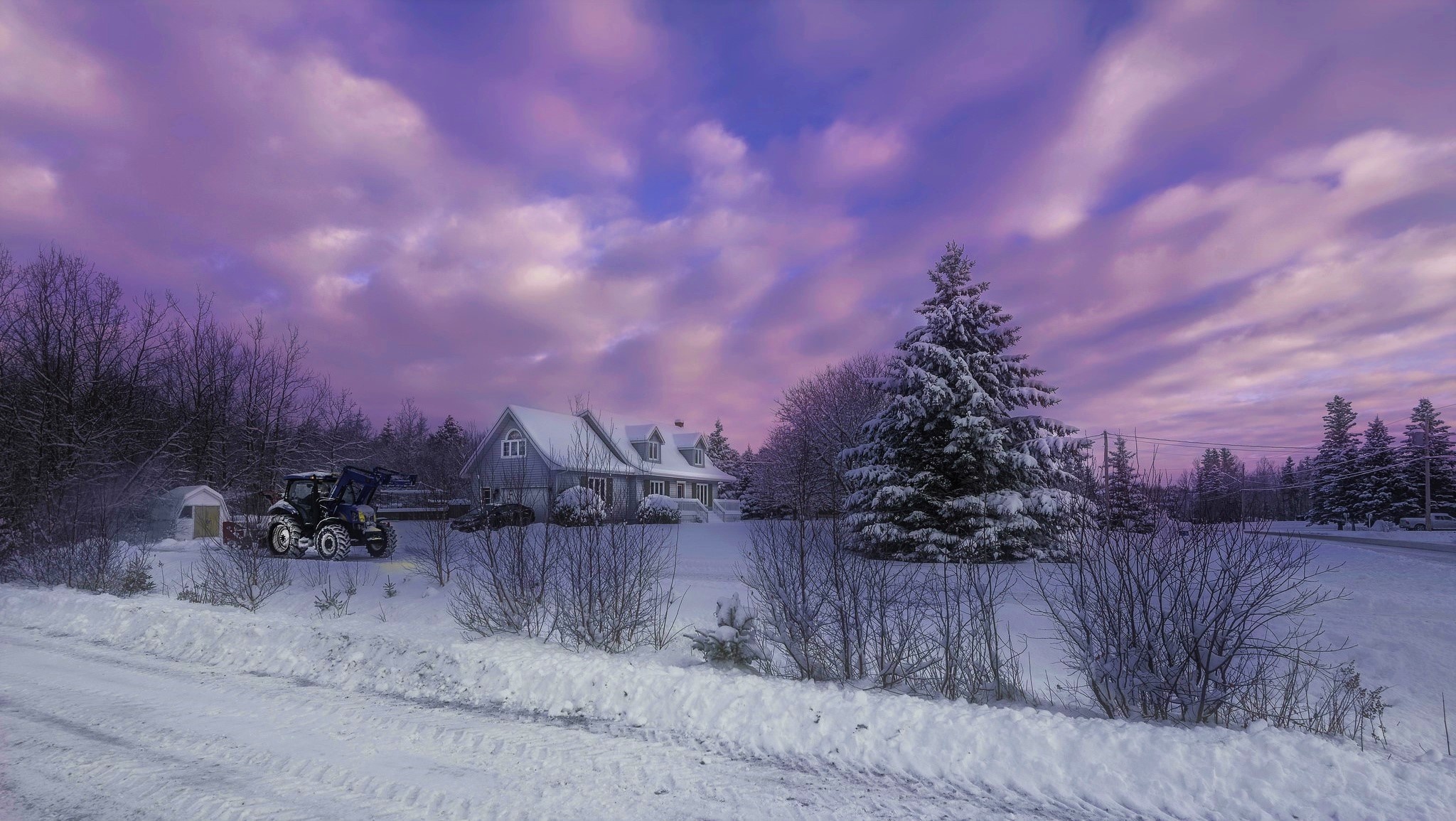 Country house in winter, Snowy charm, Serene landscape, Seasonal beauty, 2050x1160 HD Desktop