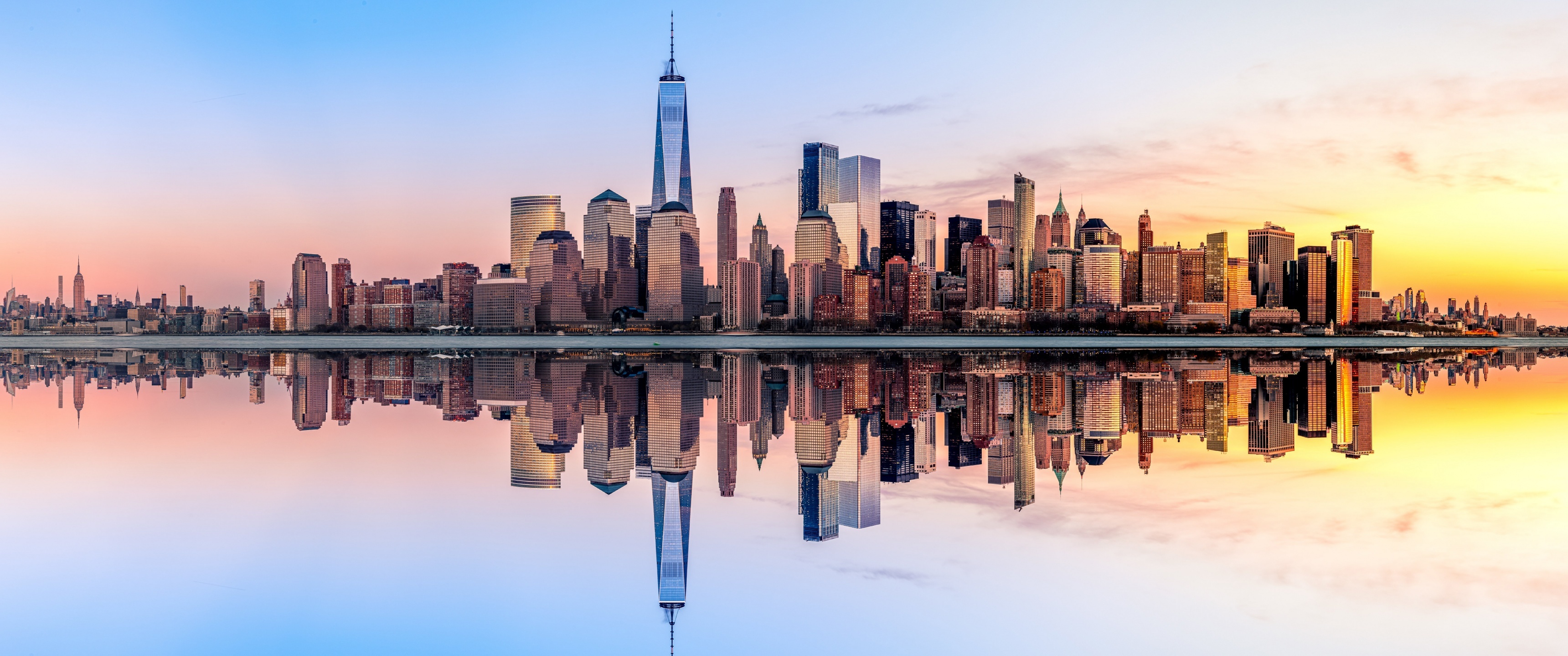 New York Skyline panorama, Sunset skyscrapers, World travel, Cityscape, 3440x1440 Dual Screen Desktop