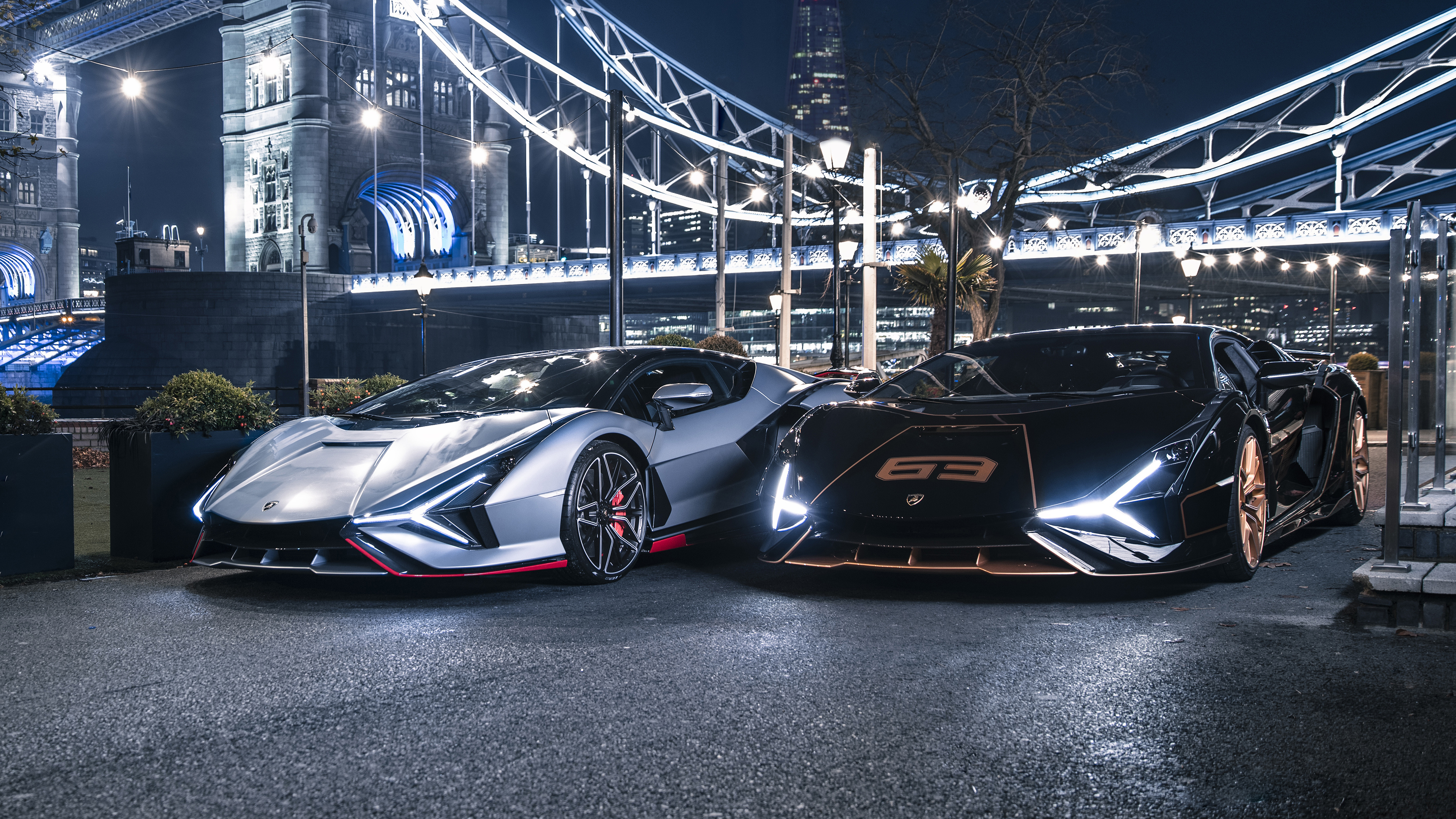 Lamborghini Sian, Iconic supercar, Night city lights, Futuristic design, 3840x2160 4K Desktop
