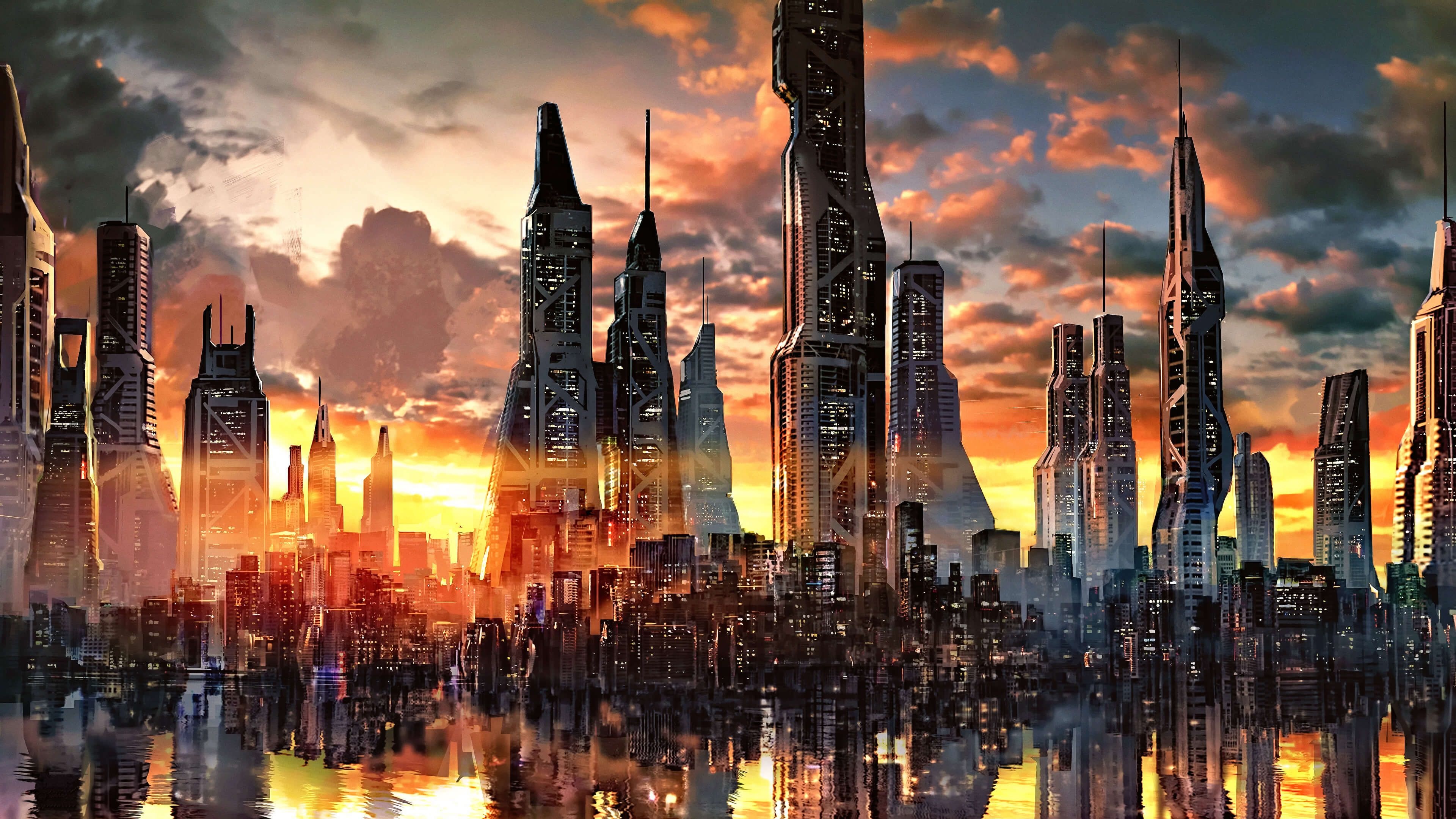 Futuristic city skyline, Dusk, 4k wallpaper, 3840x2160 4K Desktop