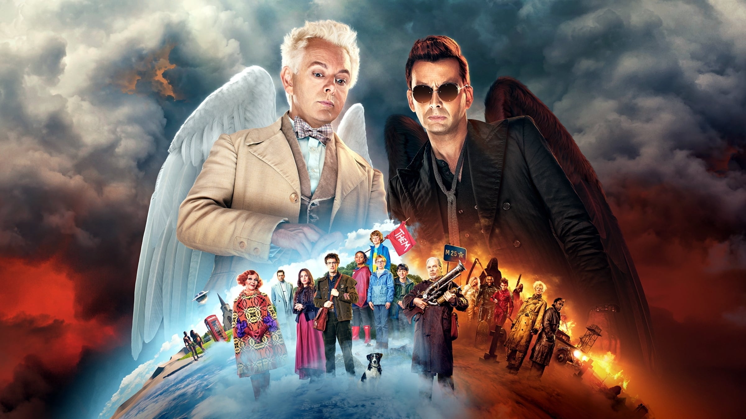 Good Omens TV series, Backdrop art, Intriguing characters, Mysterious atmosphere, 2400x1350 HD Desktop