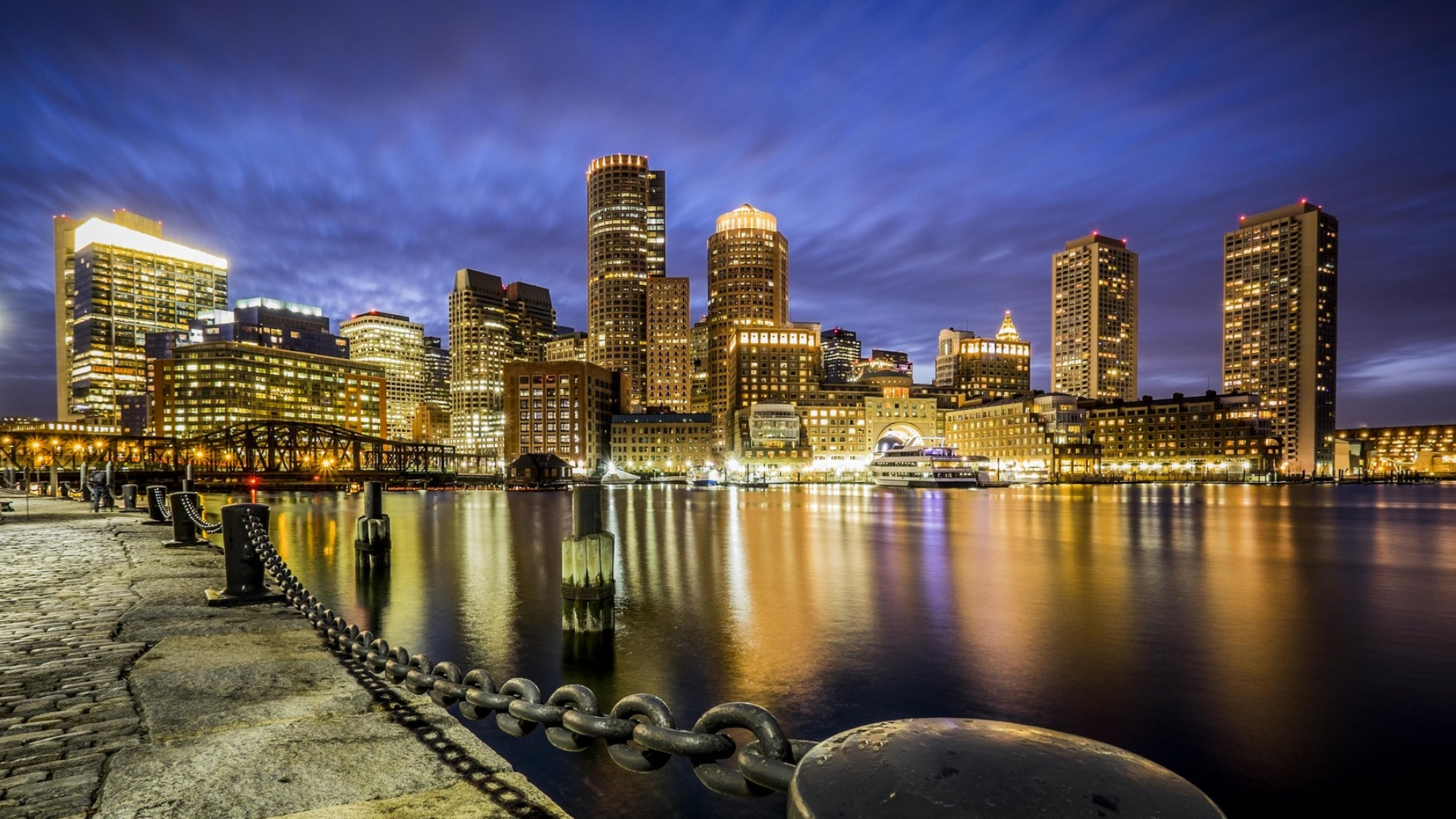 Boston Skyline, Night time beauty, 2000x1130 HD Desktop