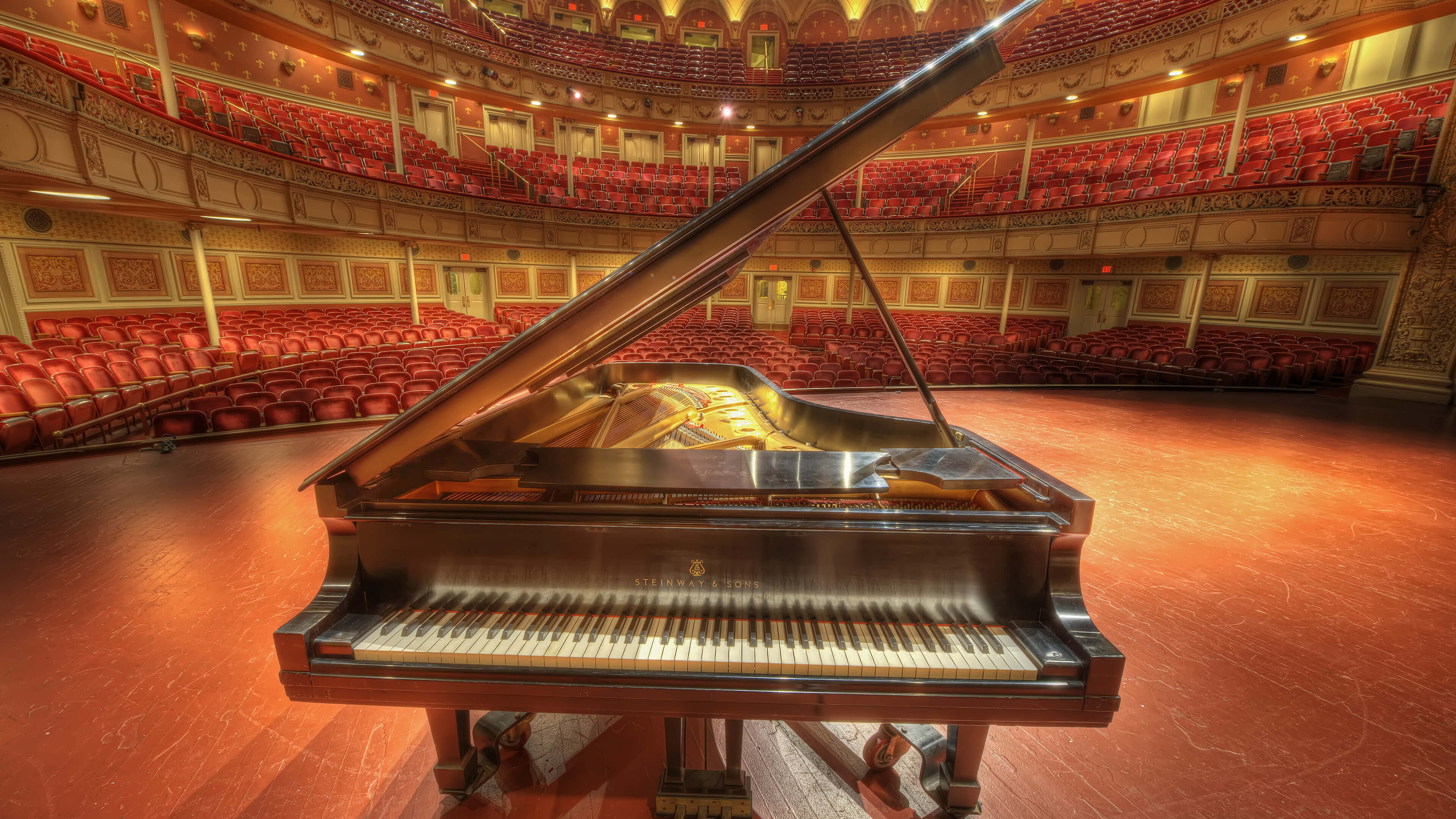 Grand Piano: Music instrument with a row of 88 black and white keys, Concert hall. 3840x2160 4K Wallpaper.