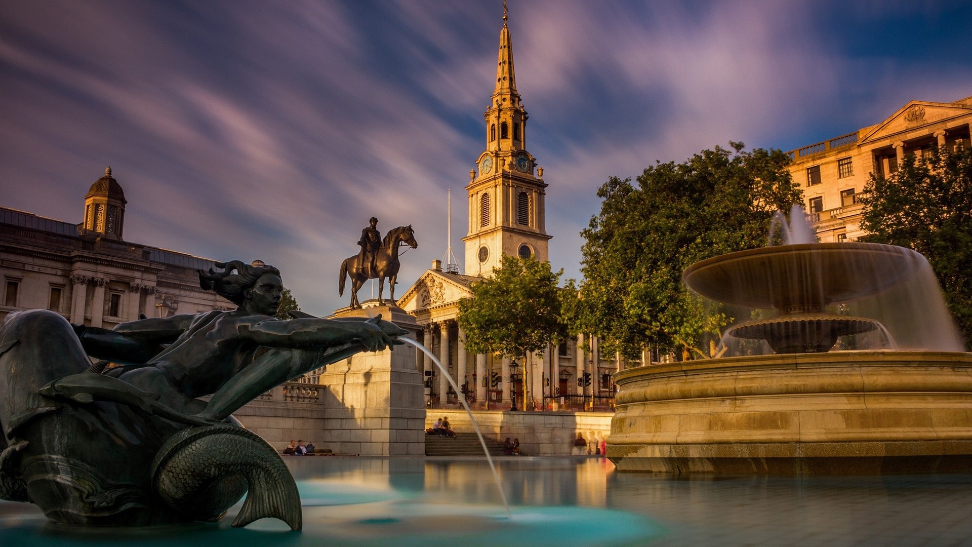 Trafalgar Square, London fountain, Iconic city view, England's charm, 1920x1080 Full HD Desktop