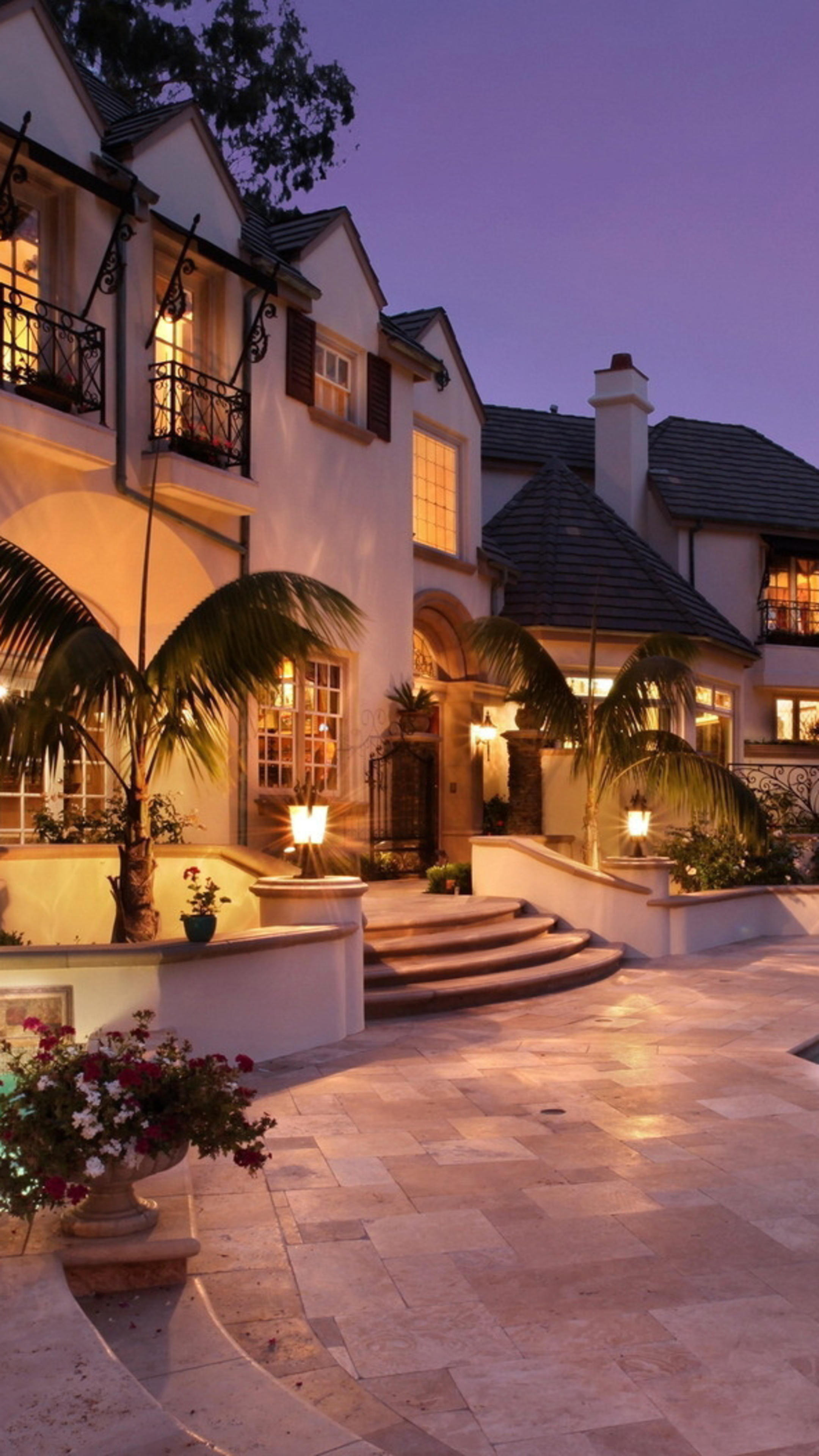 Mansion: Fancy residence, Garden flowers and palms, Two-story building. 2160x3840 4K Background.