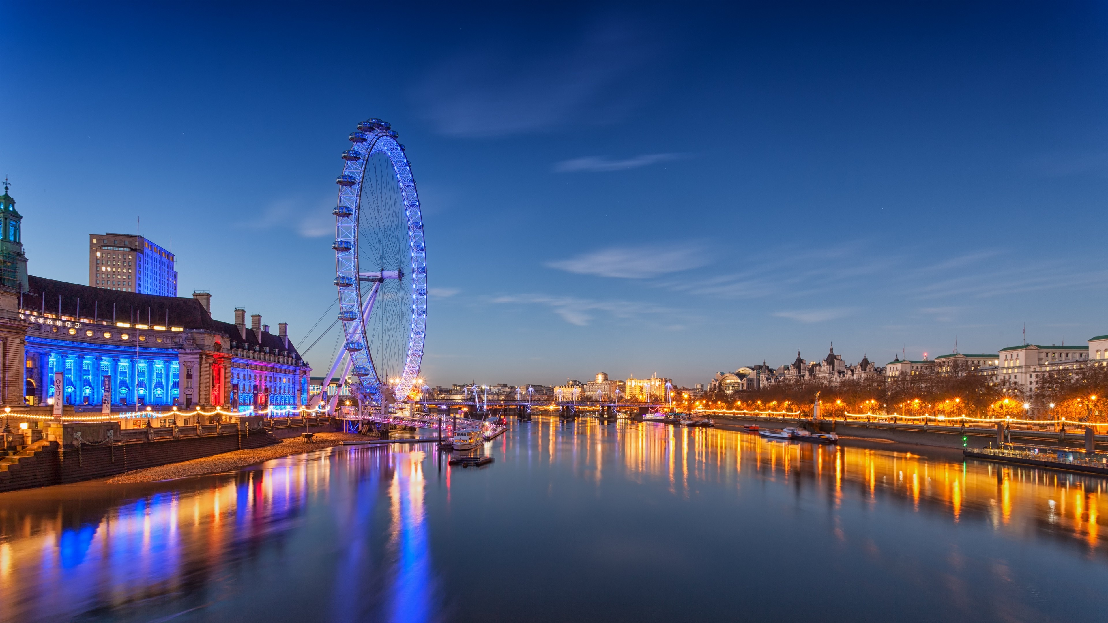 The River Thames, Ferris wheel lights, London Eye, Refelection, 3840x2160 4K Desktop