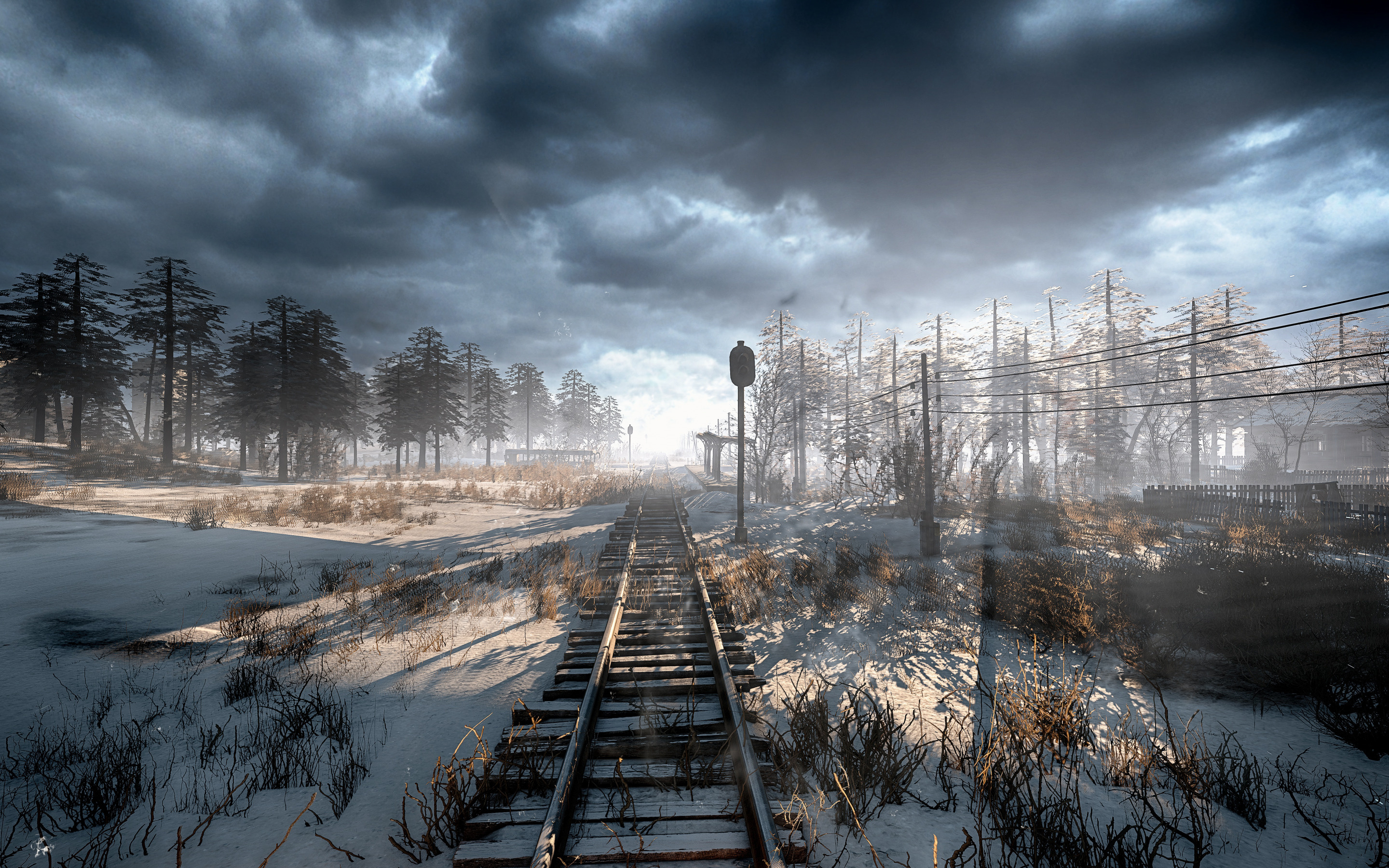 Metro Exodus, Winter landscape, Railway backdrop, High-quality wallpapers, 2880x1800 HD Desktop