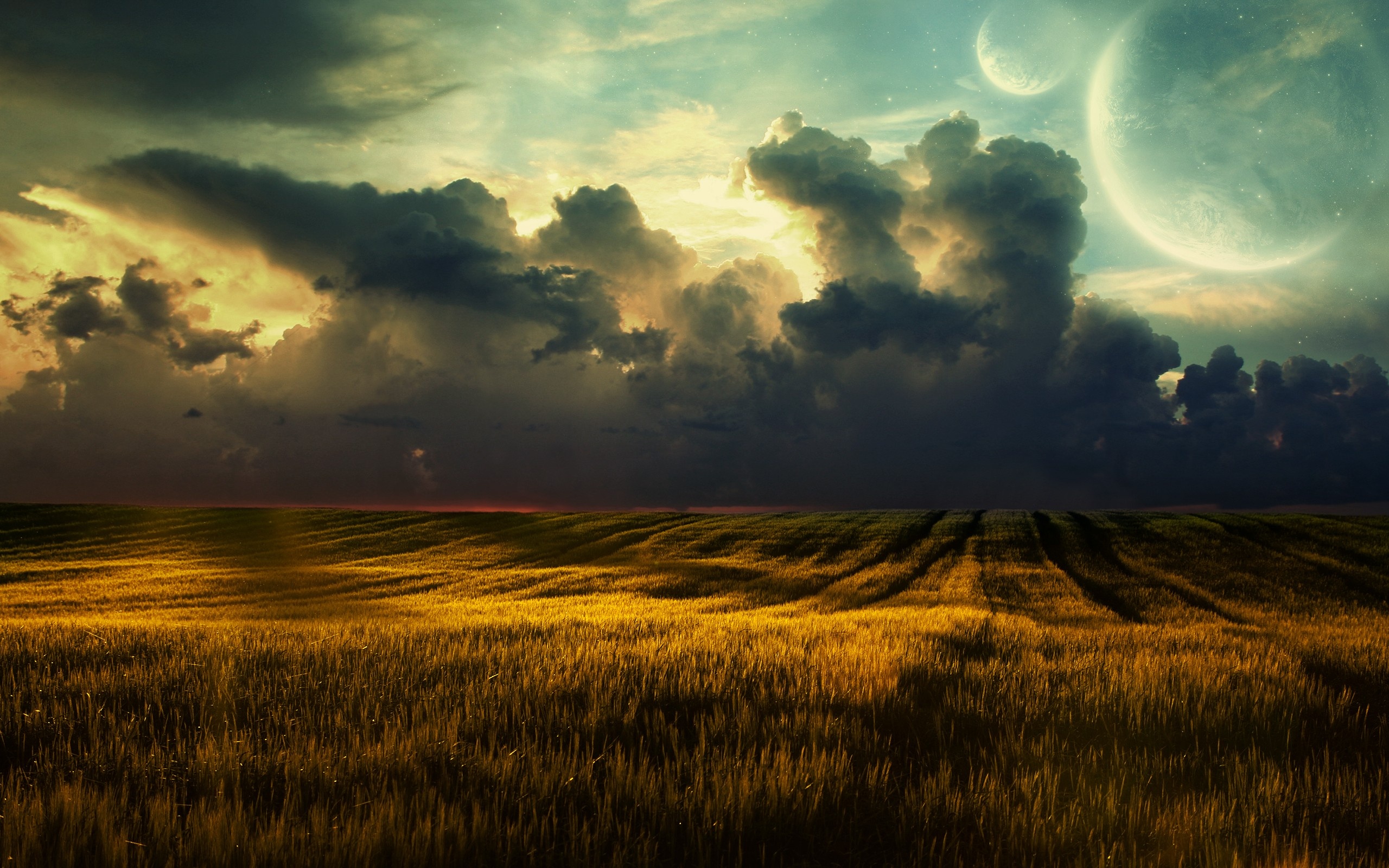 Grassland: Landscape, Sunset, Nature, Sky, Field, Clouds, Moon, Horizon, Atmosphere, Dusk, Plain. 2560x1600 HD Background.