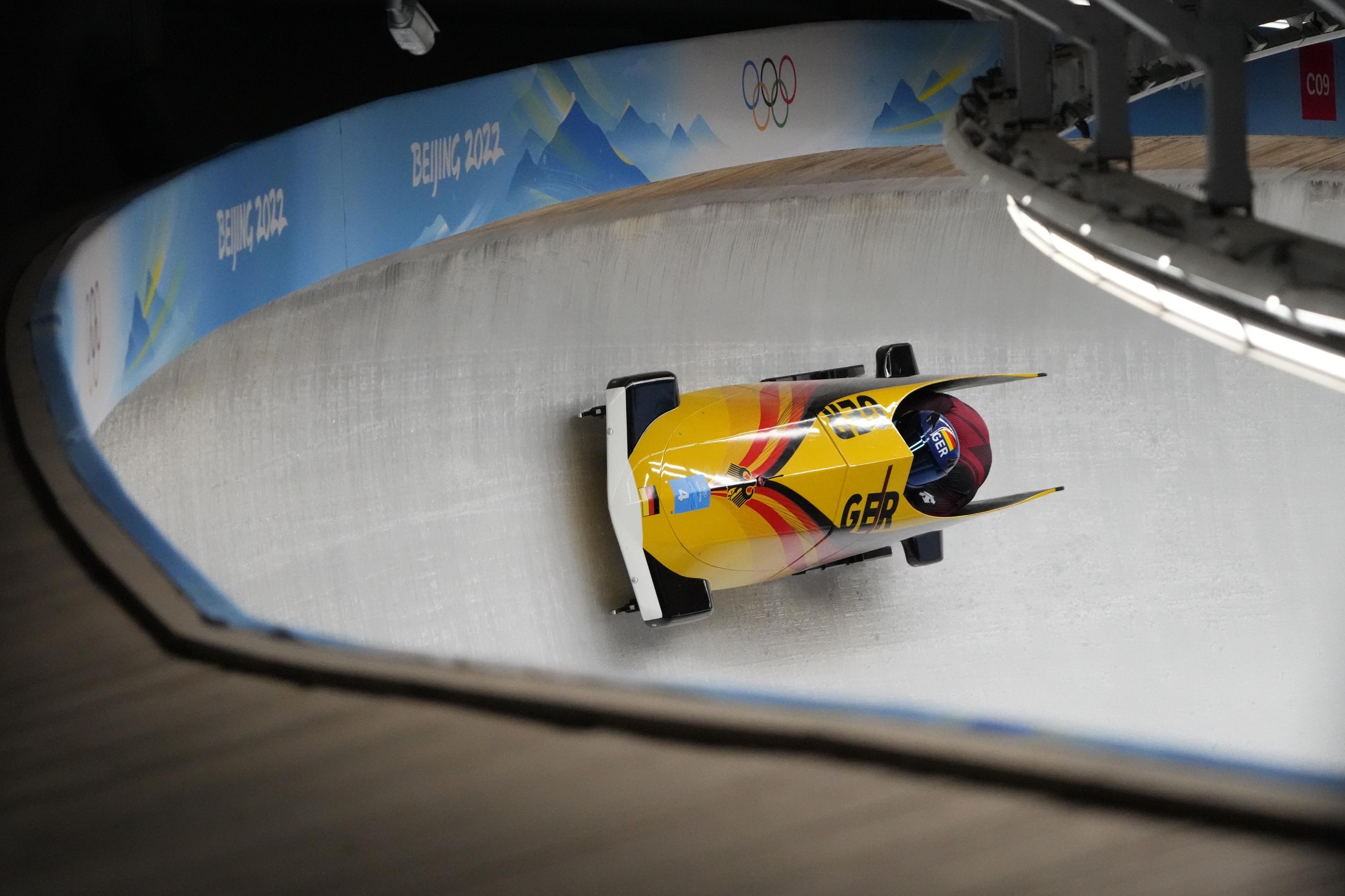 Bobsleigh: German two-man midpoint team, The 2022 Beijing Winter Olympic Games. 3000x2000 HD Background.