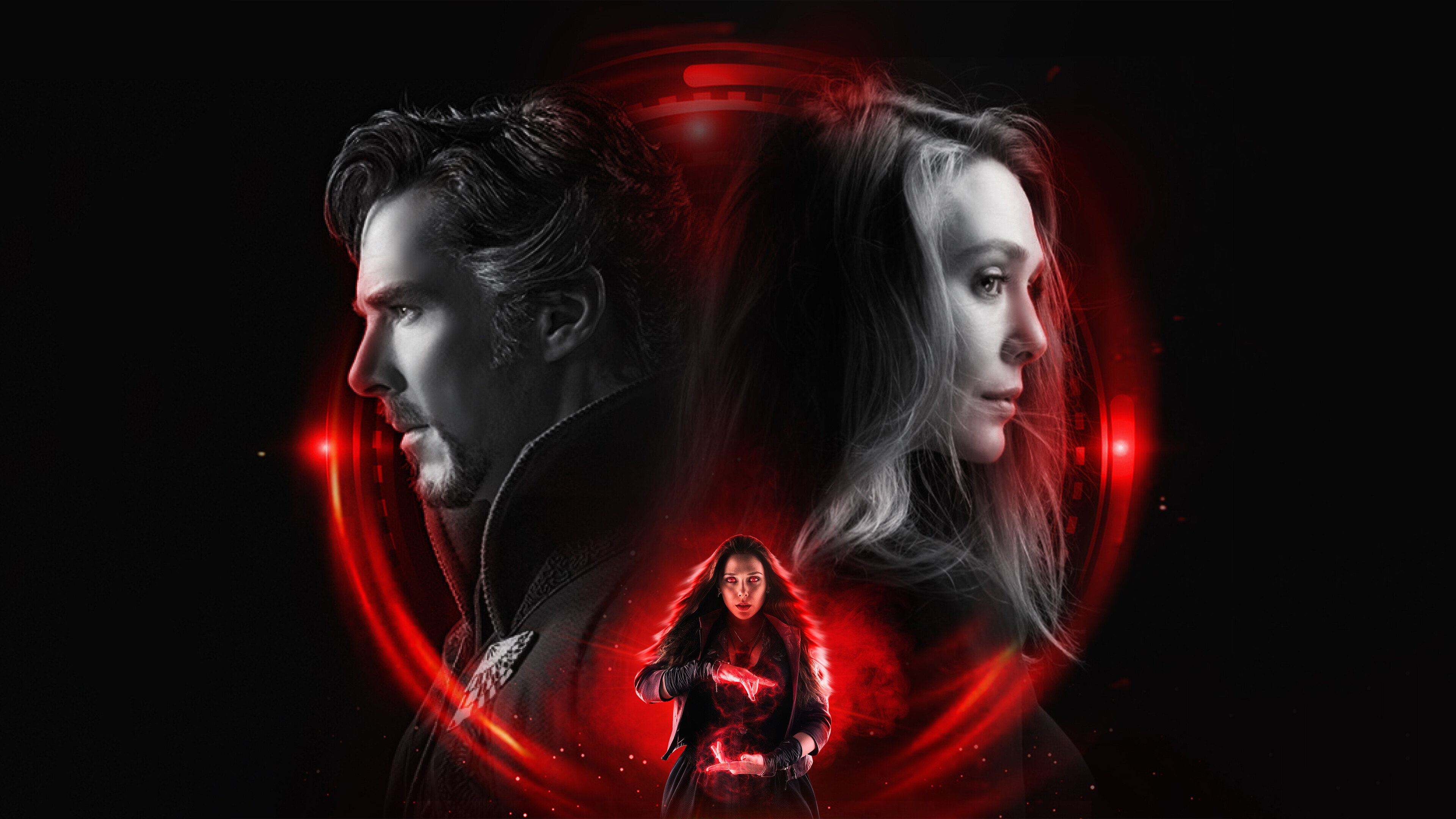Doctor Strange in the Multiverse of Madness: Benedict Cumberbatch as Stephen Strange, Elizabeth Olsen as Wanda Maximoff. 3840x2160 4K Wallpaper.