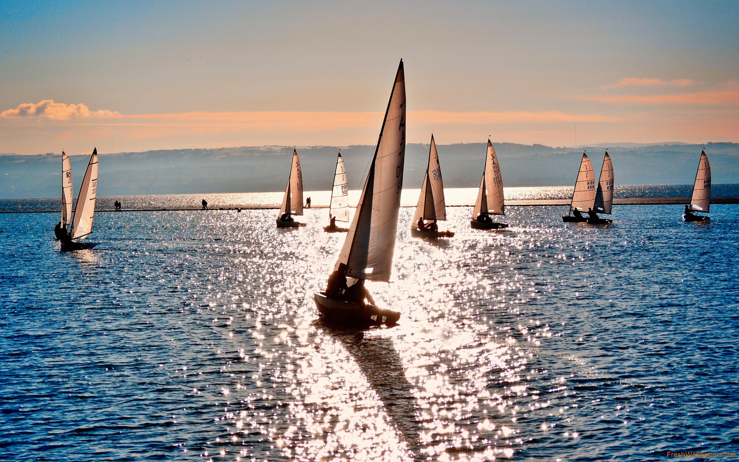 Yacht Racing: A sailing sport involving large sailboats, A water competition tournament. 2560x1600 HD Background.