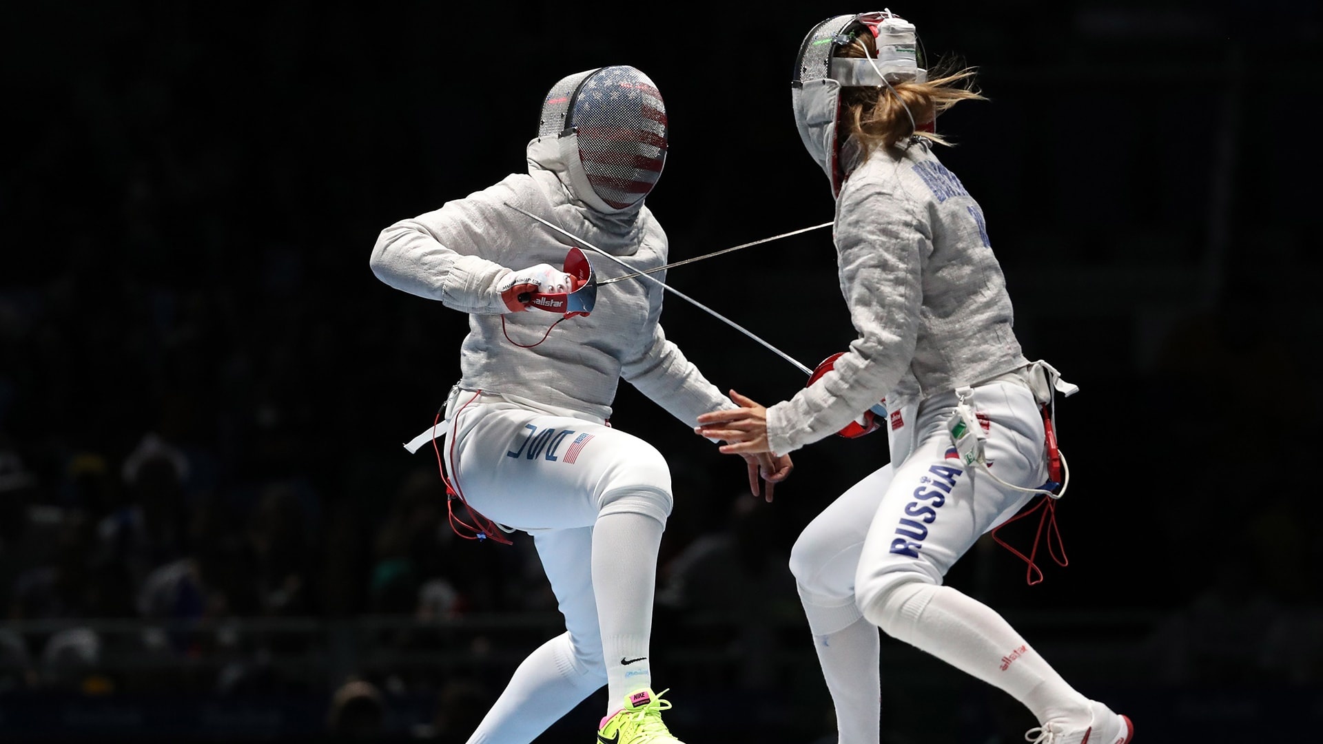 Fencing: Russian fencer versus American one, 2020 Tokyo Summer Olympics semifinals. 1920x1080 Full HD Wallpaper.