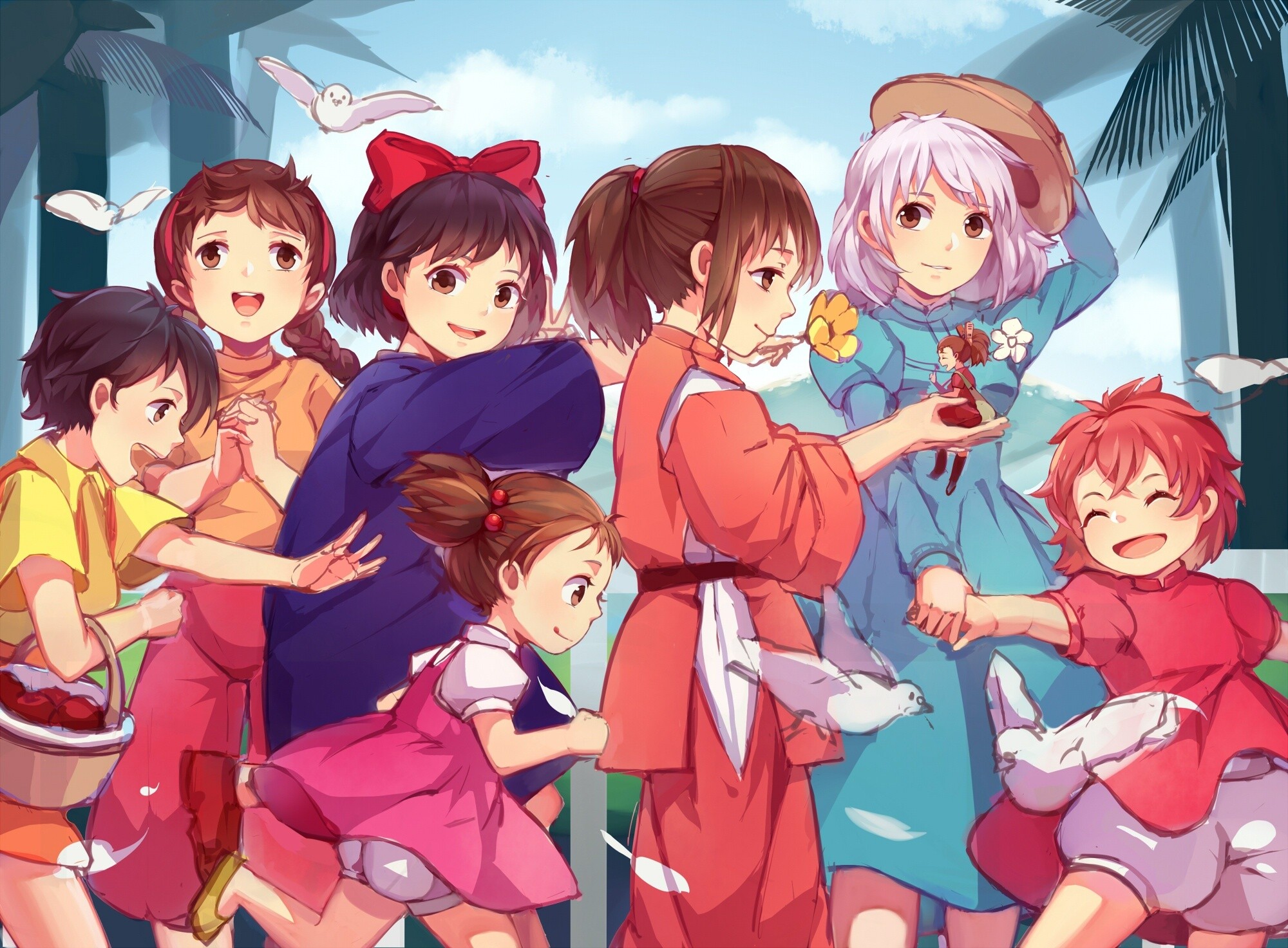 Studio Ghibli: Spirited Away, Tonari No Totoro, Mei Kusakabe, Crossover, Ponyo. 2000x1480 HD Background.