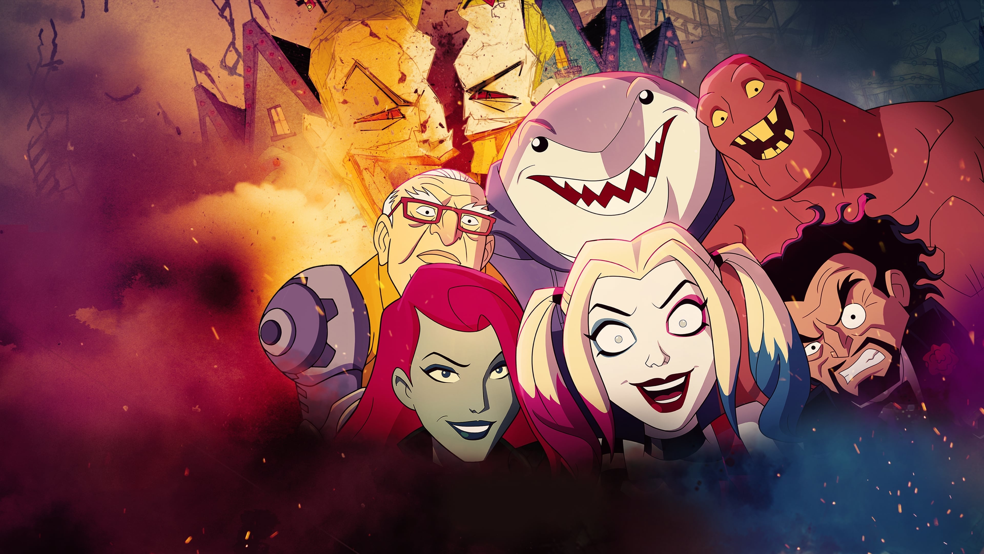 Harley Quinn, Poison Ivy, and King Shark, DC Comics art, Ultra HD wallpaper, Stunning visuals, 3840x2160 4K Desktop