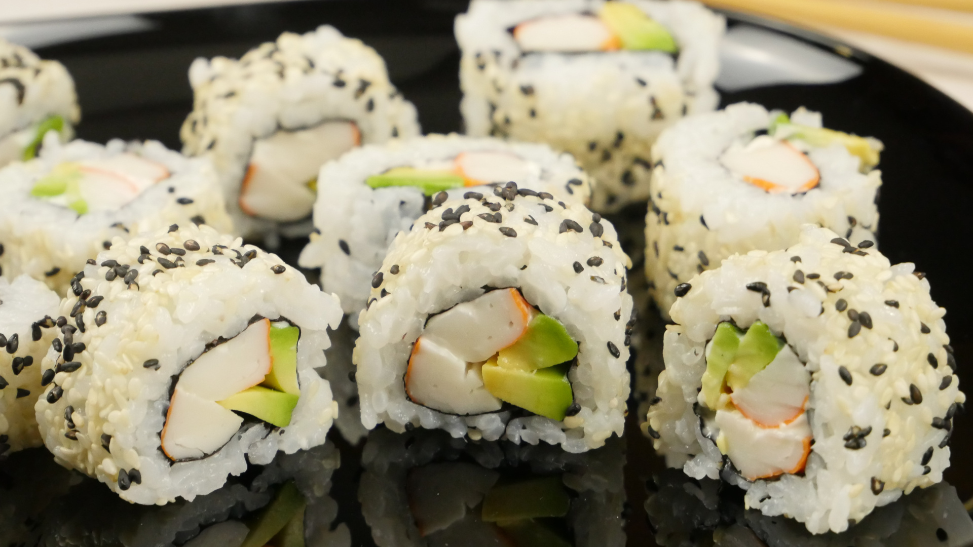 Sushi: Rice, Filled with avocado, crab, and cucumber. 1920x1080 Full HD Wallpaper.