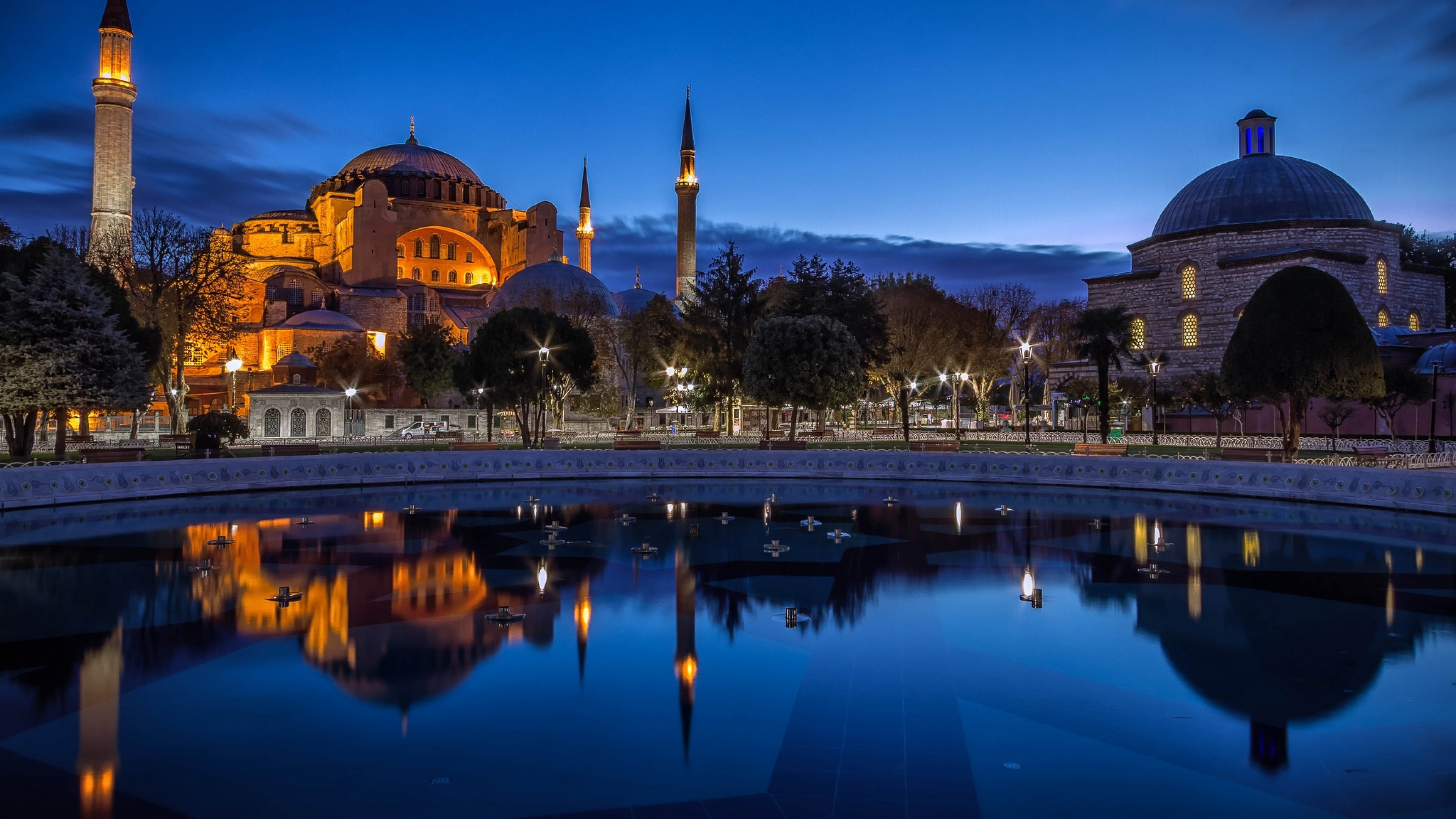 Hagia Sophia, Night reflection, Istanbul mosque, UHD TV wallpapers, 3840x2160 4K Desktop